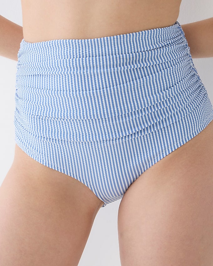 Ruched high-rise full-coverage bikini bottom in seersucker stripe