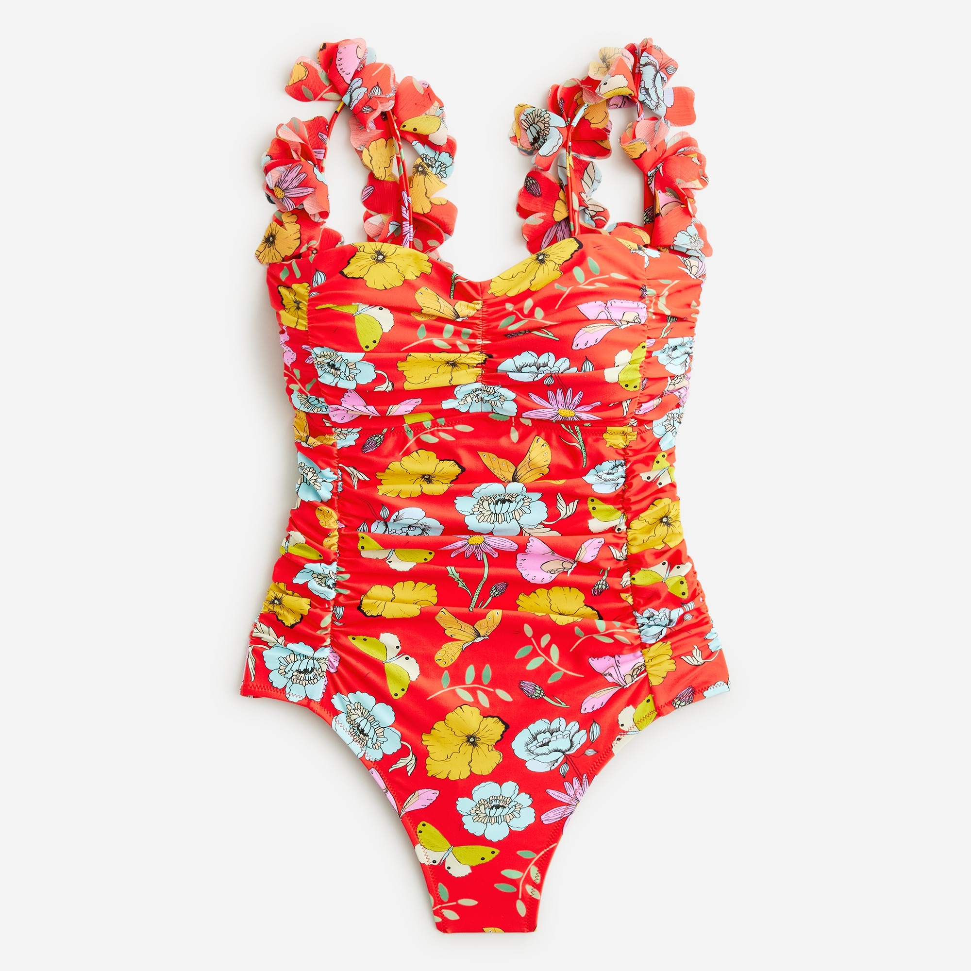  Dauphinette X J.Crew ruched flower-strap one-piece swimsuit in red blooms