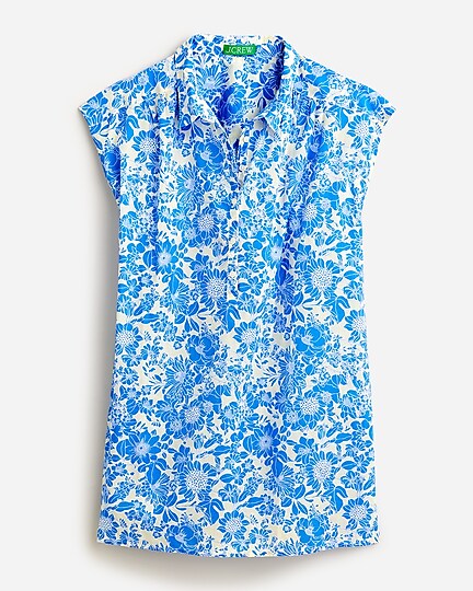 womens Cap-sleeve cotton voile tunic cover-up in blue floral
