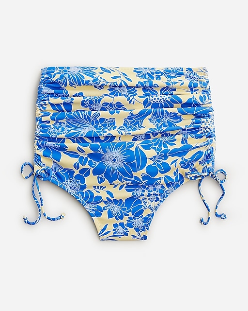  Ruched high-rise bikini bottom with side ties in blue floral
