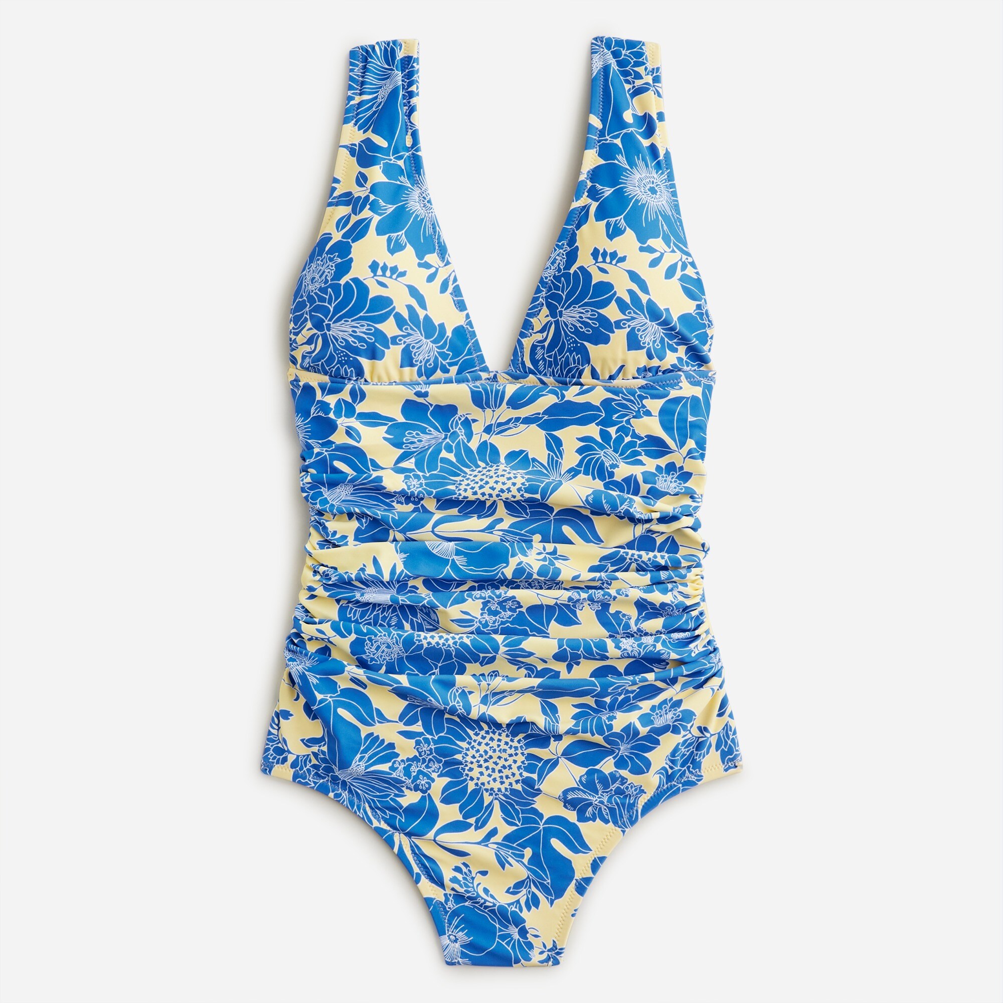  Ruched V-neck one-piece full-coverage swimsuit in blue floral