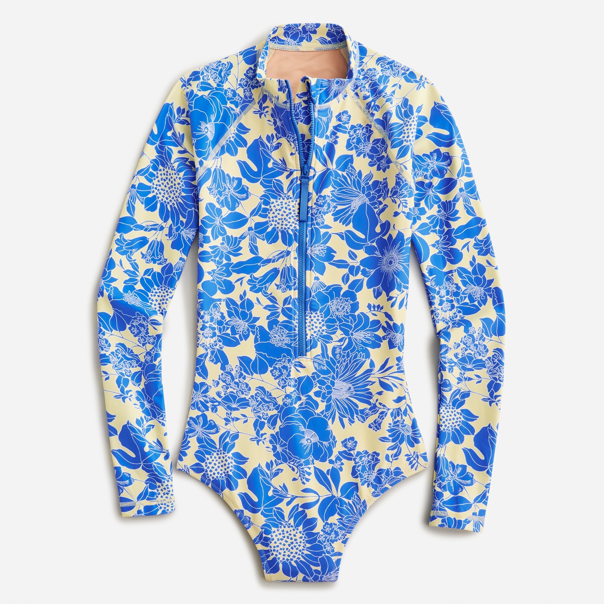Long-sleeve one-piece rash guard in blue floral