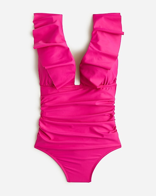  Long-torso ruched ruffle one-piece swimsuit