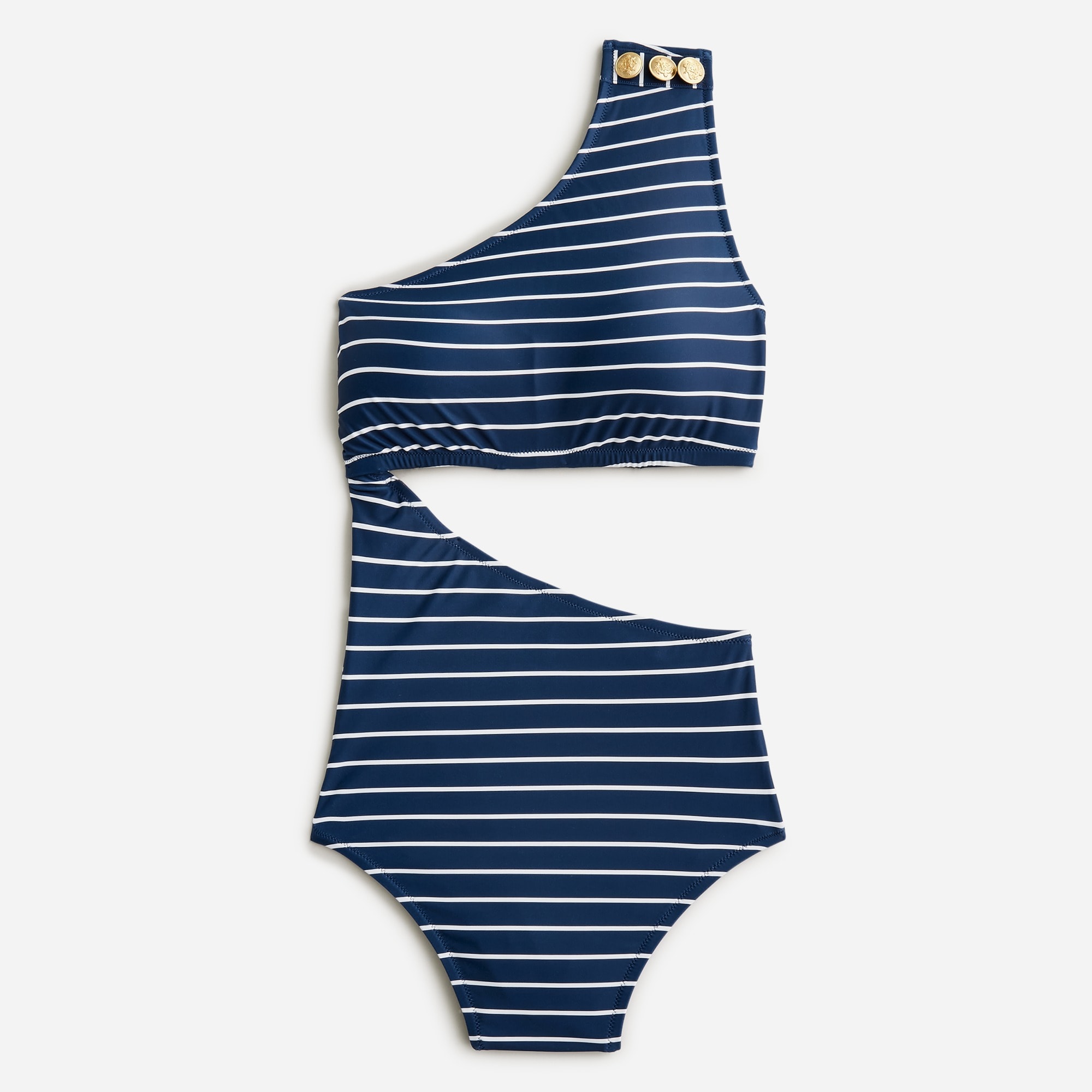  Cutout one-piece full-coverage swimsuit with buttons in navy stripe