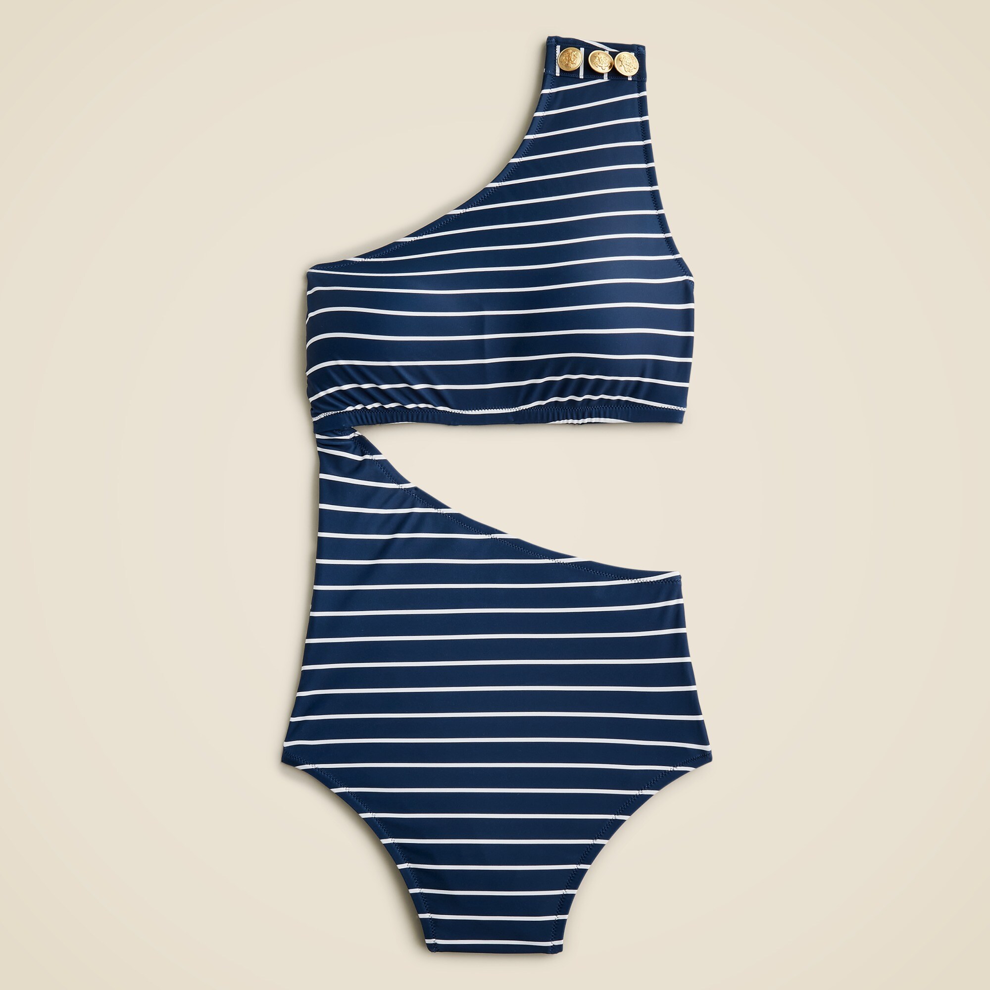  Long-torso cutout one-piece swimsuit with buttons in navy stripe