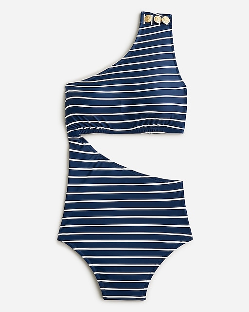  Long-torso cutout one-piece swimsuit with buttons in navy stripe