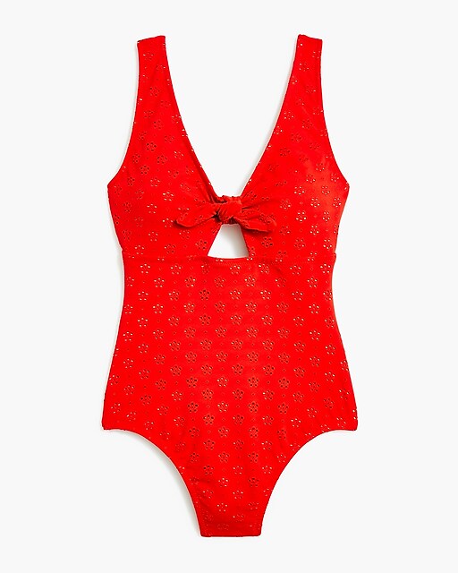  Eyelet cutout one-piece swimsuit with bow
