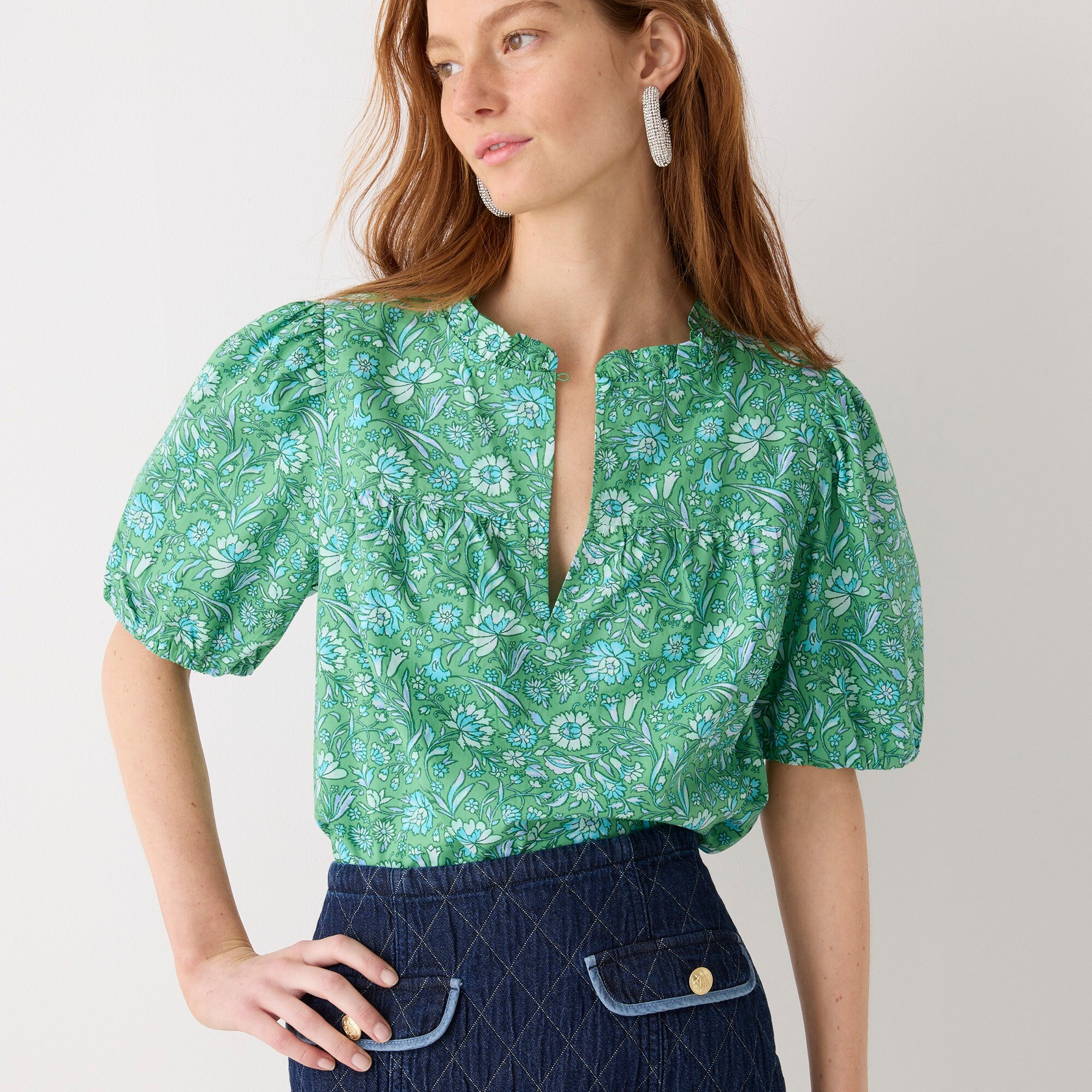 Ruffle-trim short-sleeve top in marigold blooms