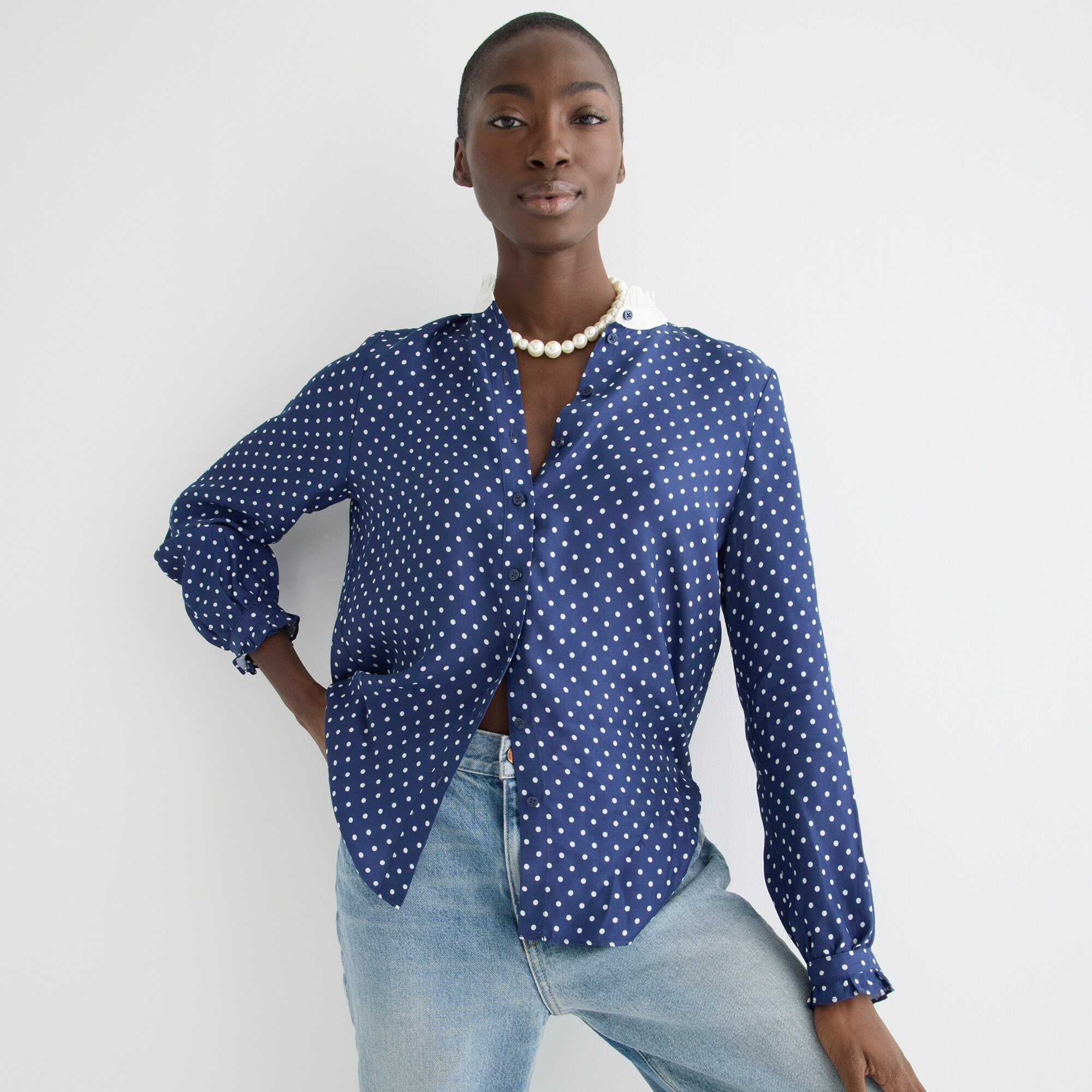 J.Crew Drapey cupro-blend ruffle-trim shirt in dot