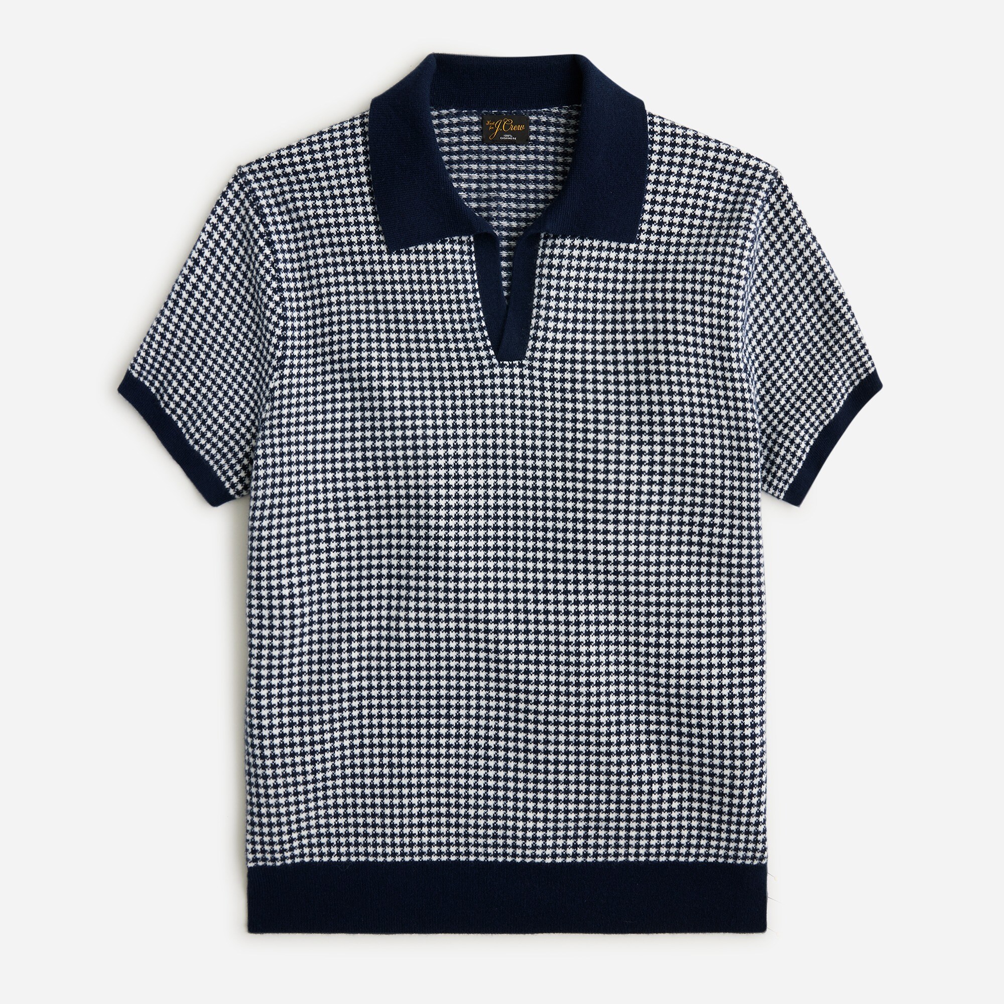 Cashmere short-sleeve johnny-collar sweater-polo in houndstooth
