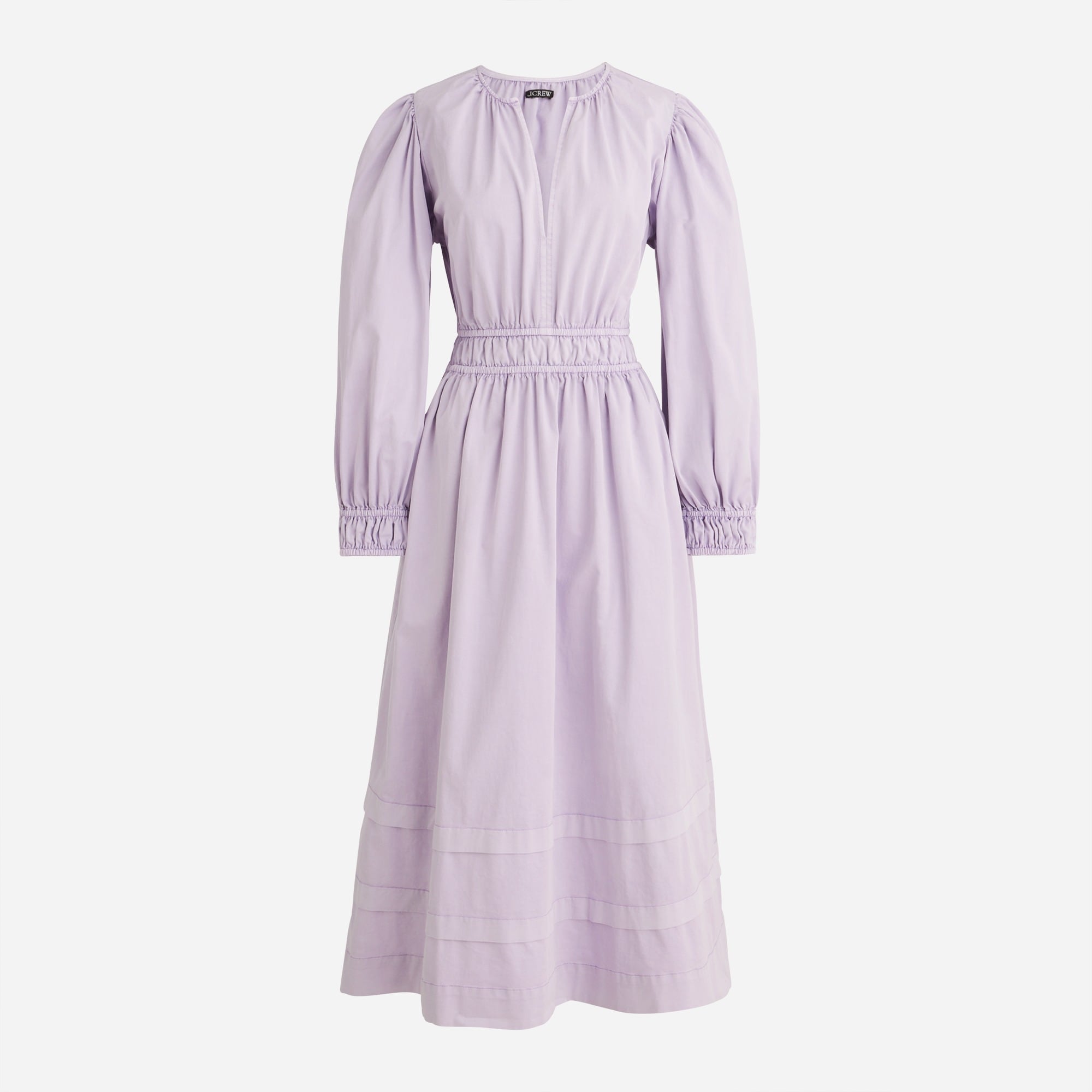  Long-sleeve smocked-waist midi dress in lightweight chino
