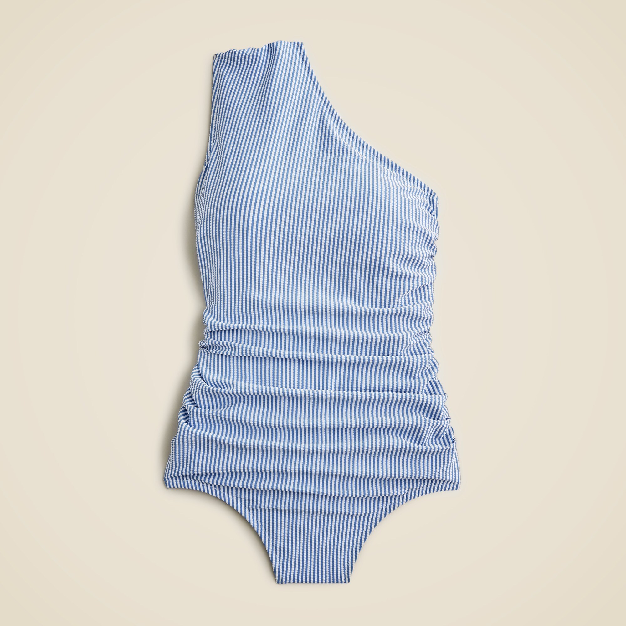 Ruched One-shoulder One-piece Swimsuit In Seersucker Stripe For
