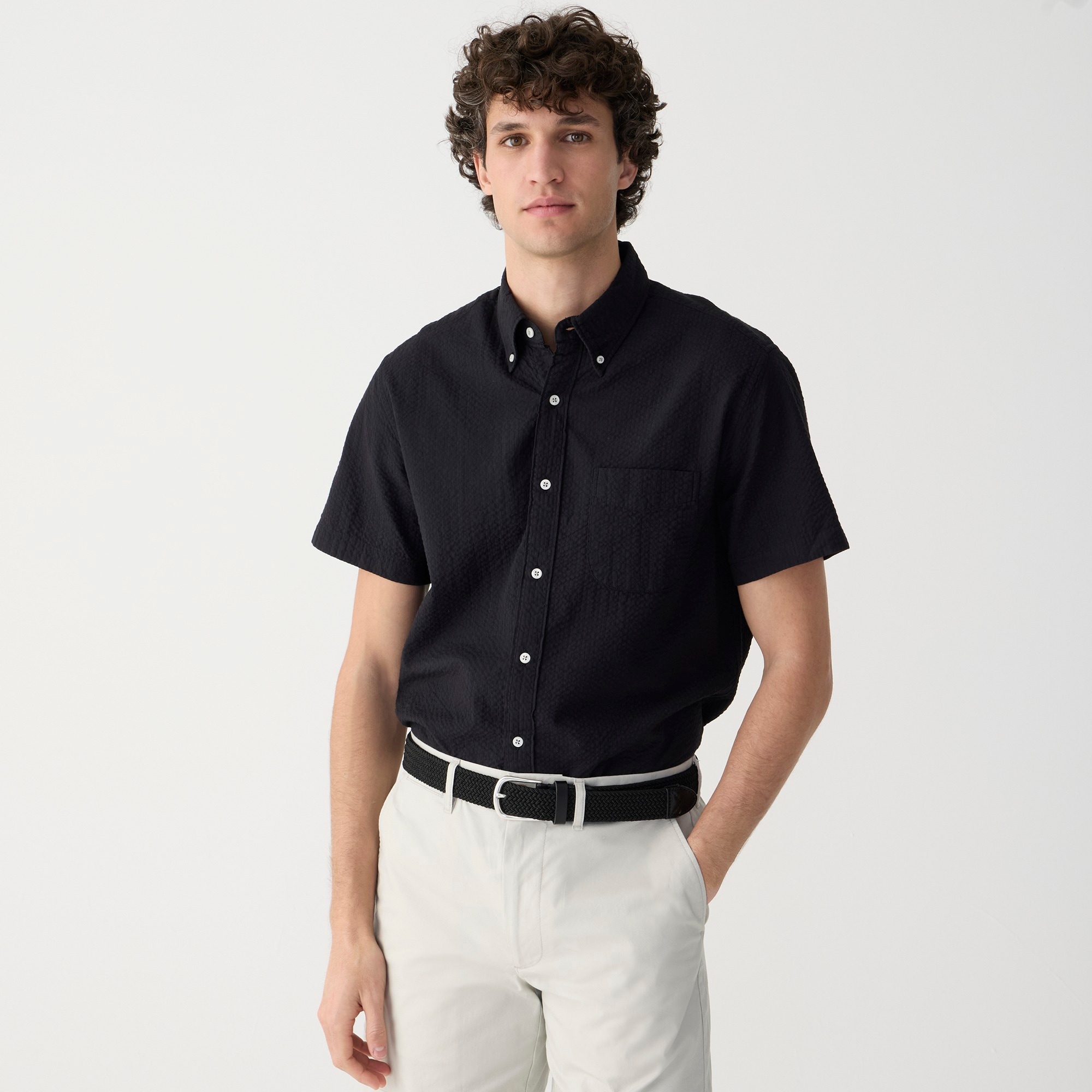 mens Tall short-sleeve garment-dyed seersucker shirt