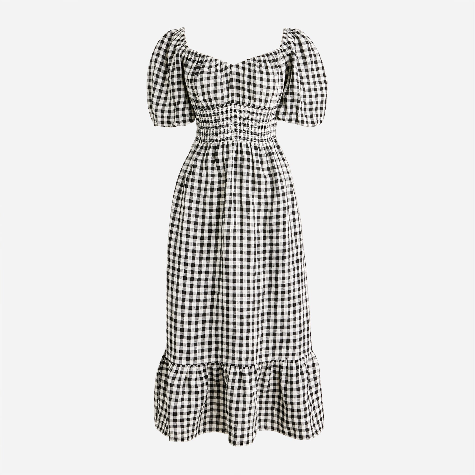 Smocked-waist puff-sleeve midi dress in gingham linen