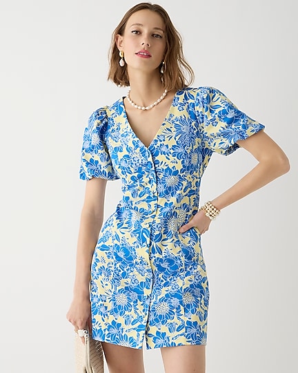  Button-front puff-sleeve mini dress in blue floral twill