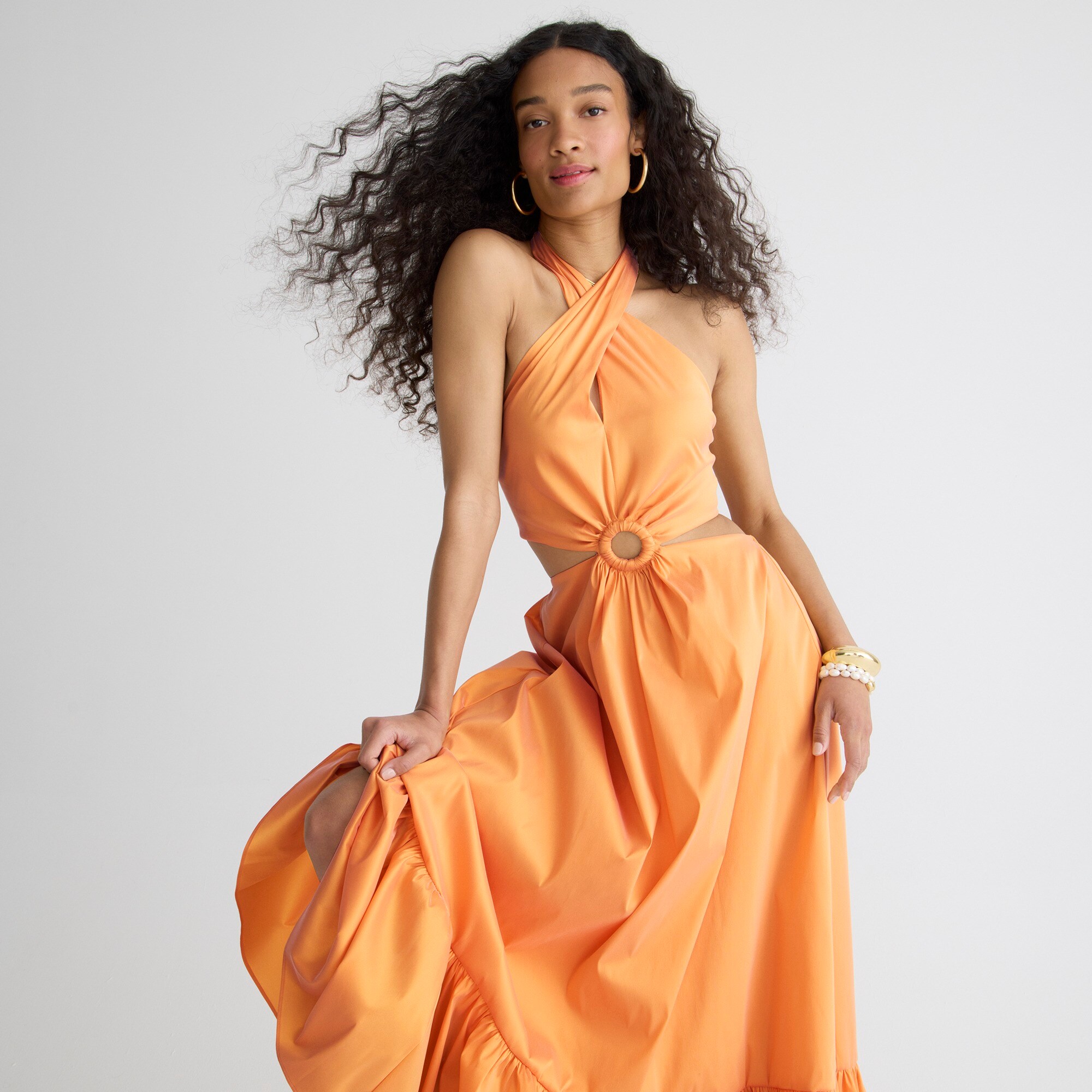 PRINTED HALTER MAXI DRESS WITH O RING CUTOUTS
