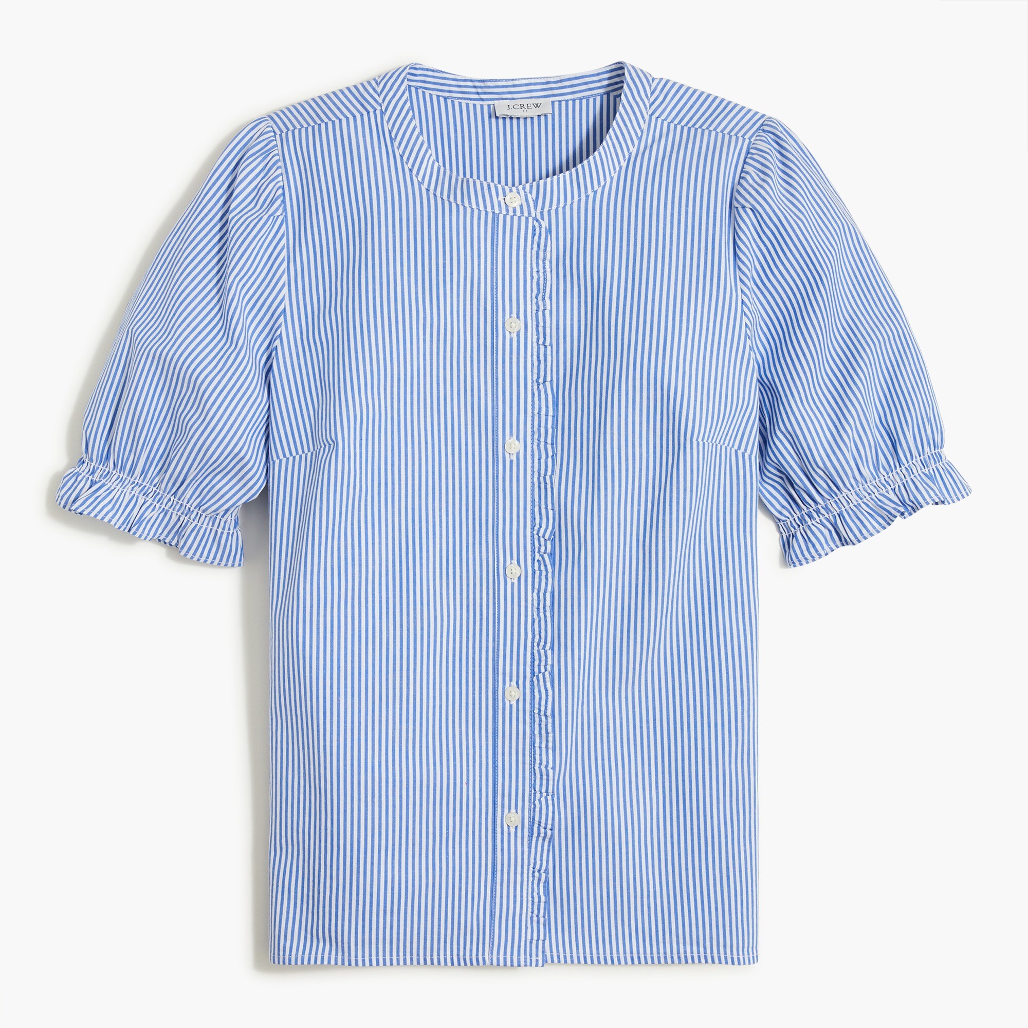 Cotton-blend poplin puff-sleeve ruffle top