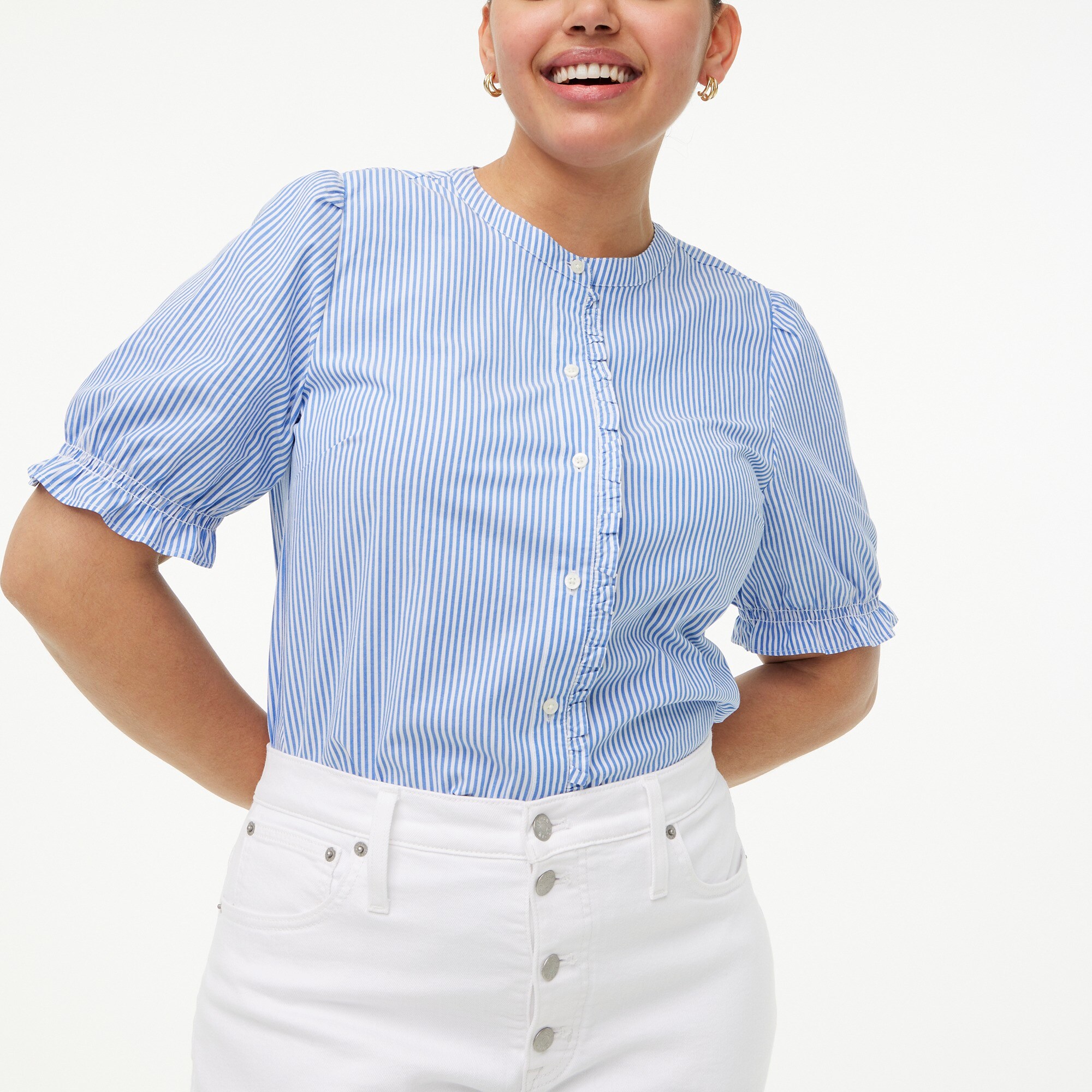 Cotton poplin puff-sleeve ruffle top