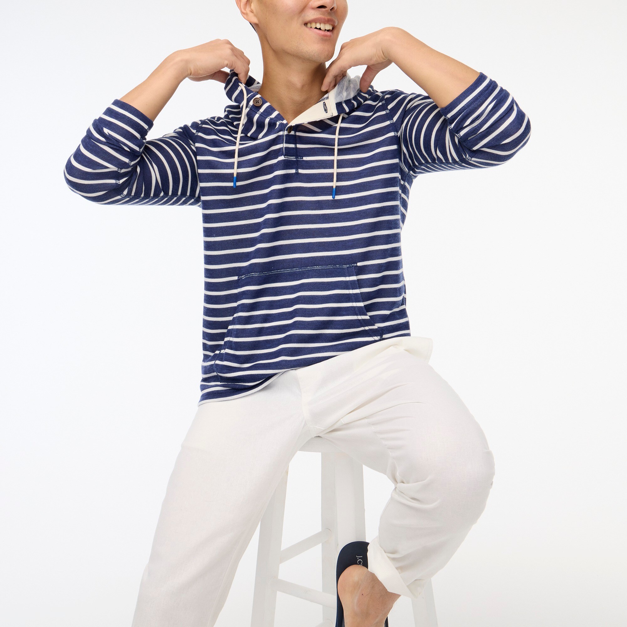 factory: striped slub terry henley hoodie for men