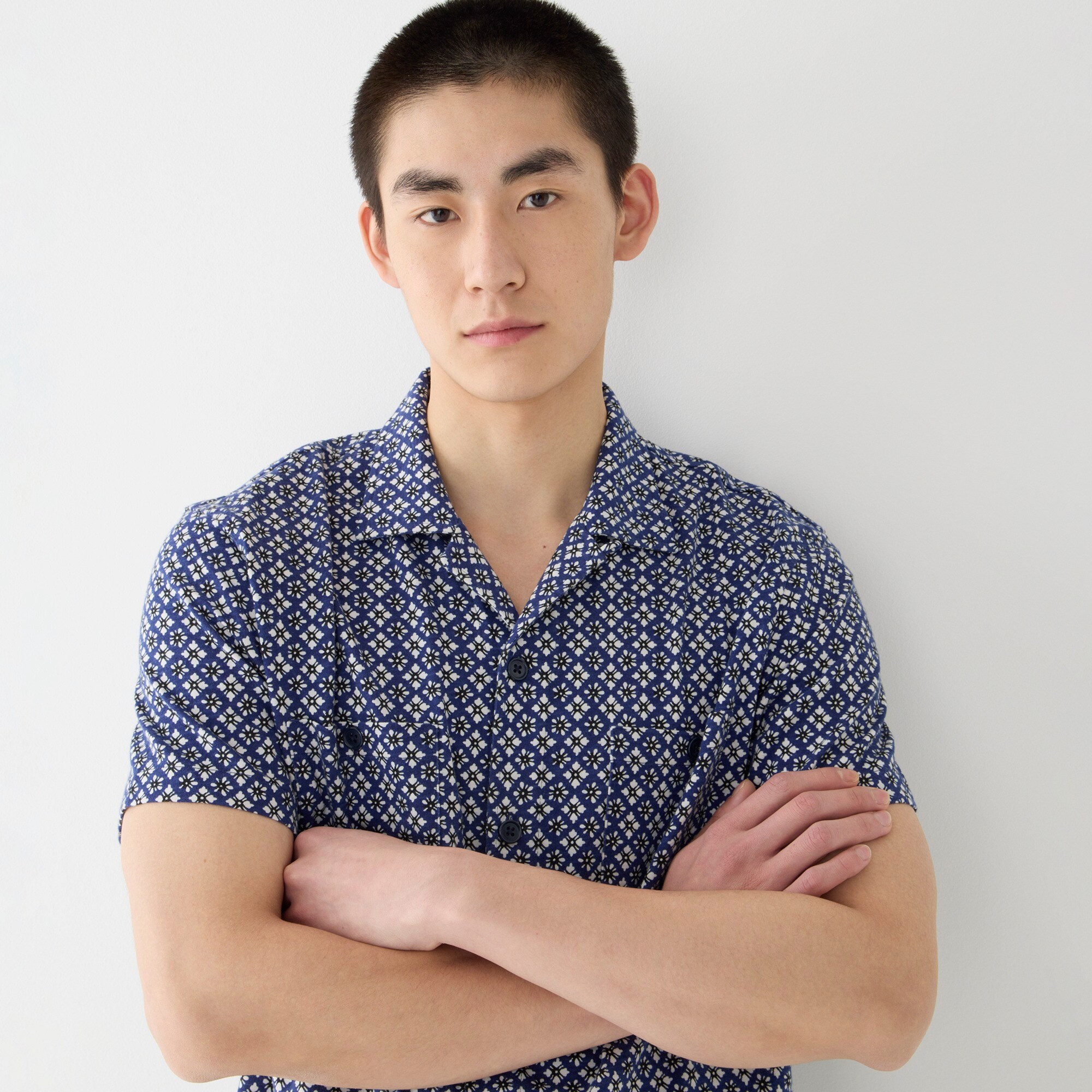 J.Crew Shortsleeve Cotton Knit Campcollar Shirt In Print For Men