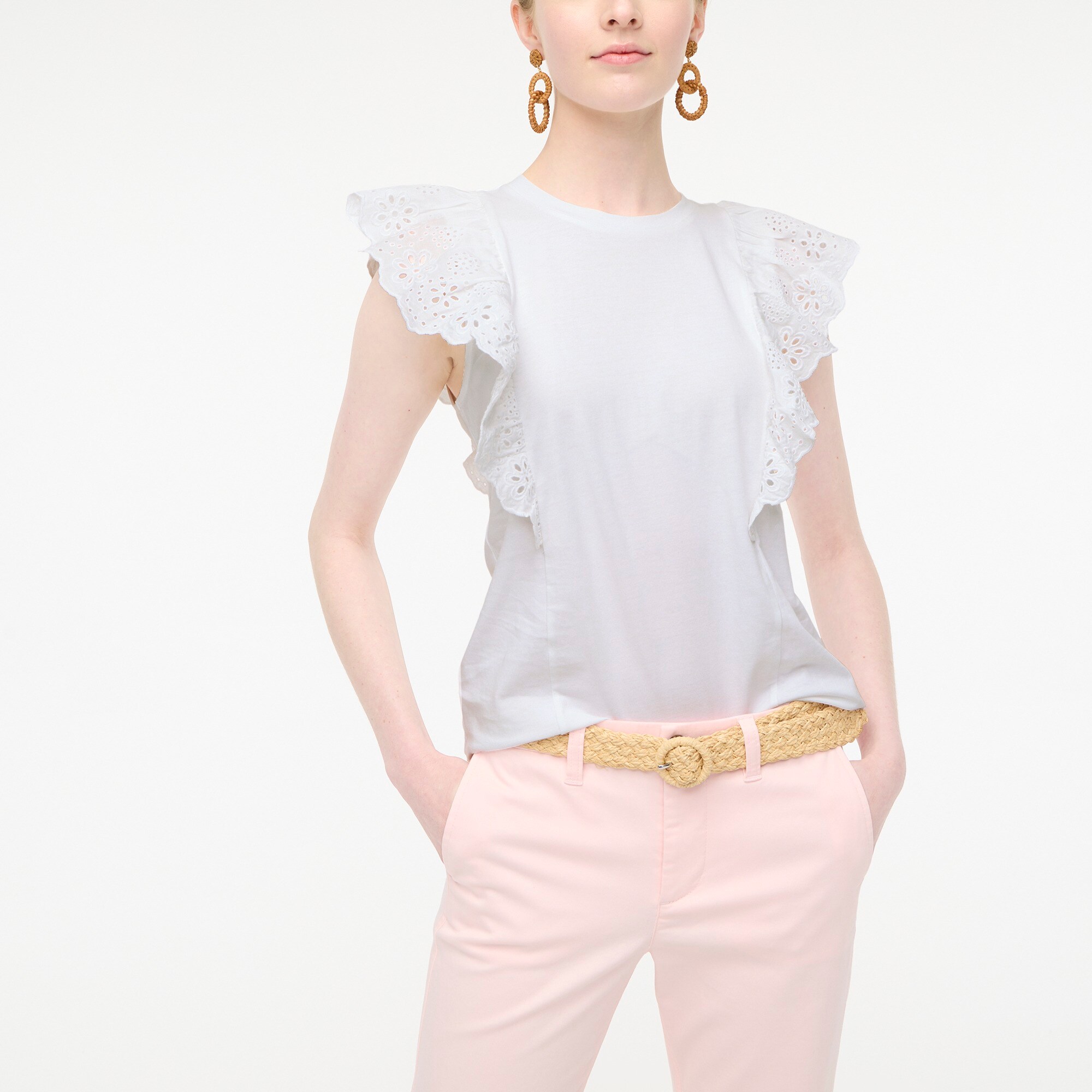Crew Neck Eyelet Ruffle Sleeve Top