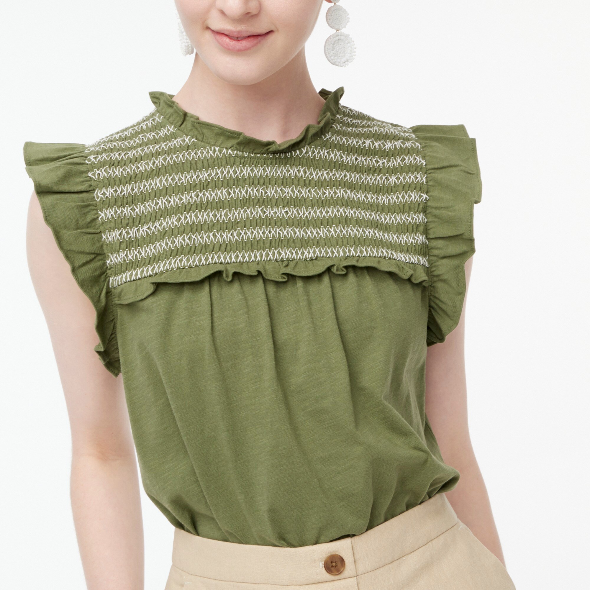 factory: ruffle-sleeve smocked top for women, right side, view zoomed