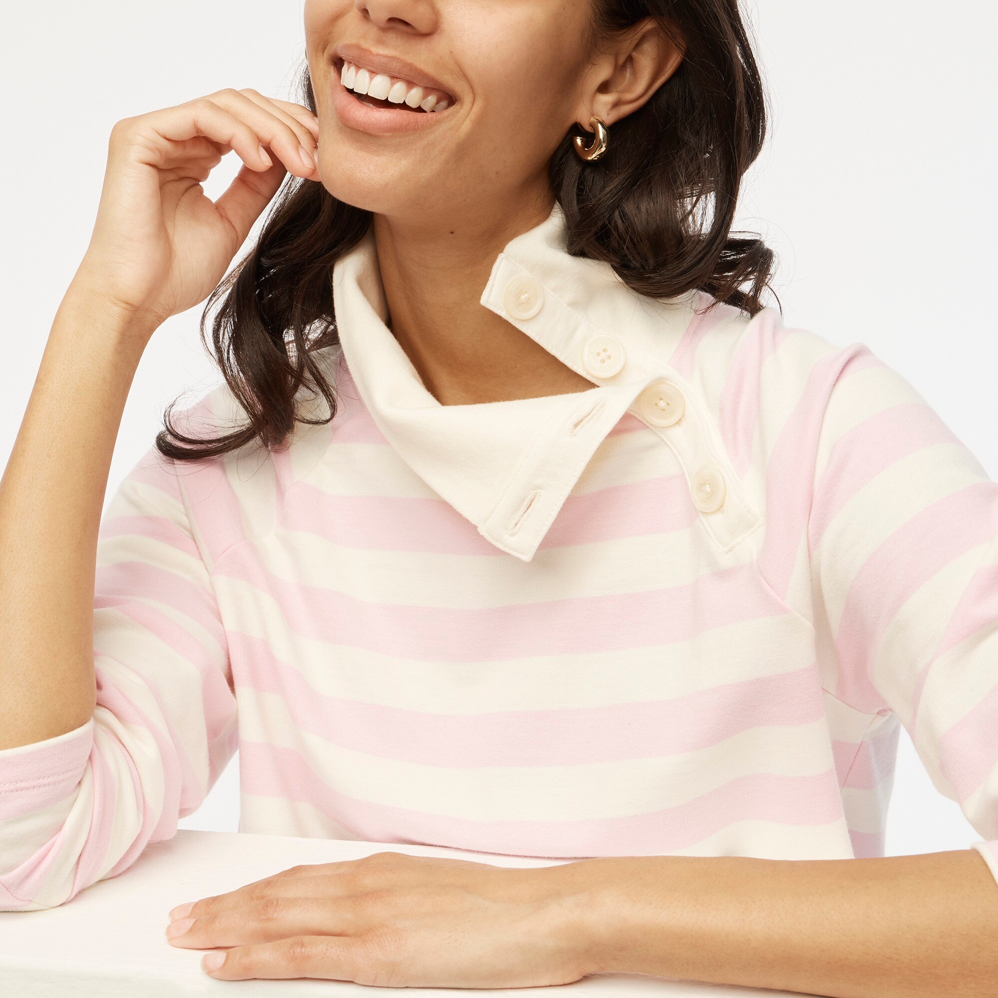  Striped wide button-collar pullover sweatshirt in lightweight terry
