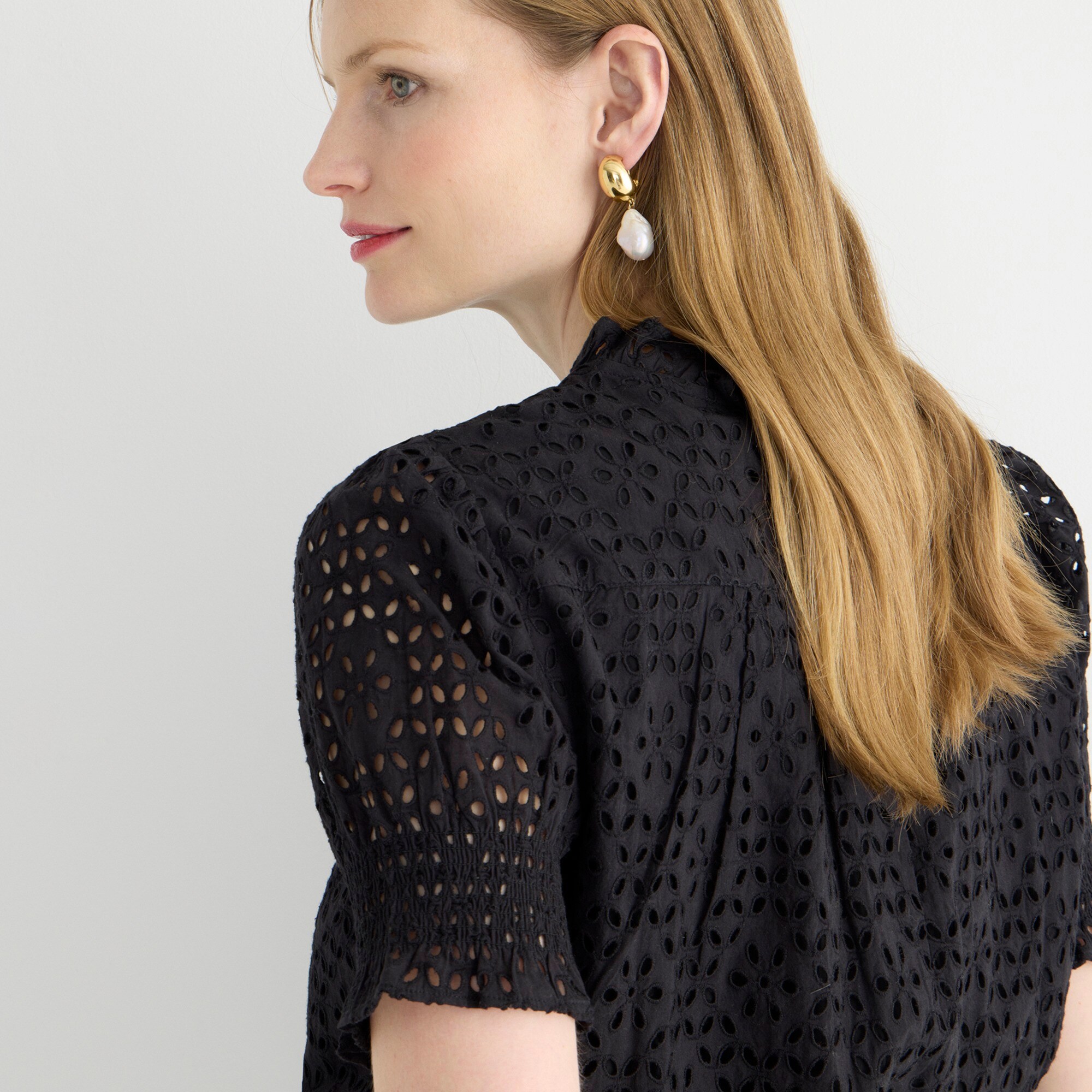 Smocked puff-sleeve top in eyelet