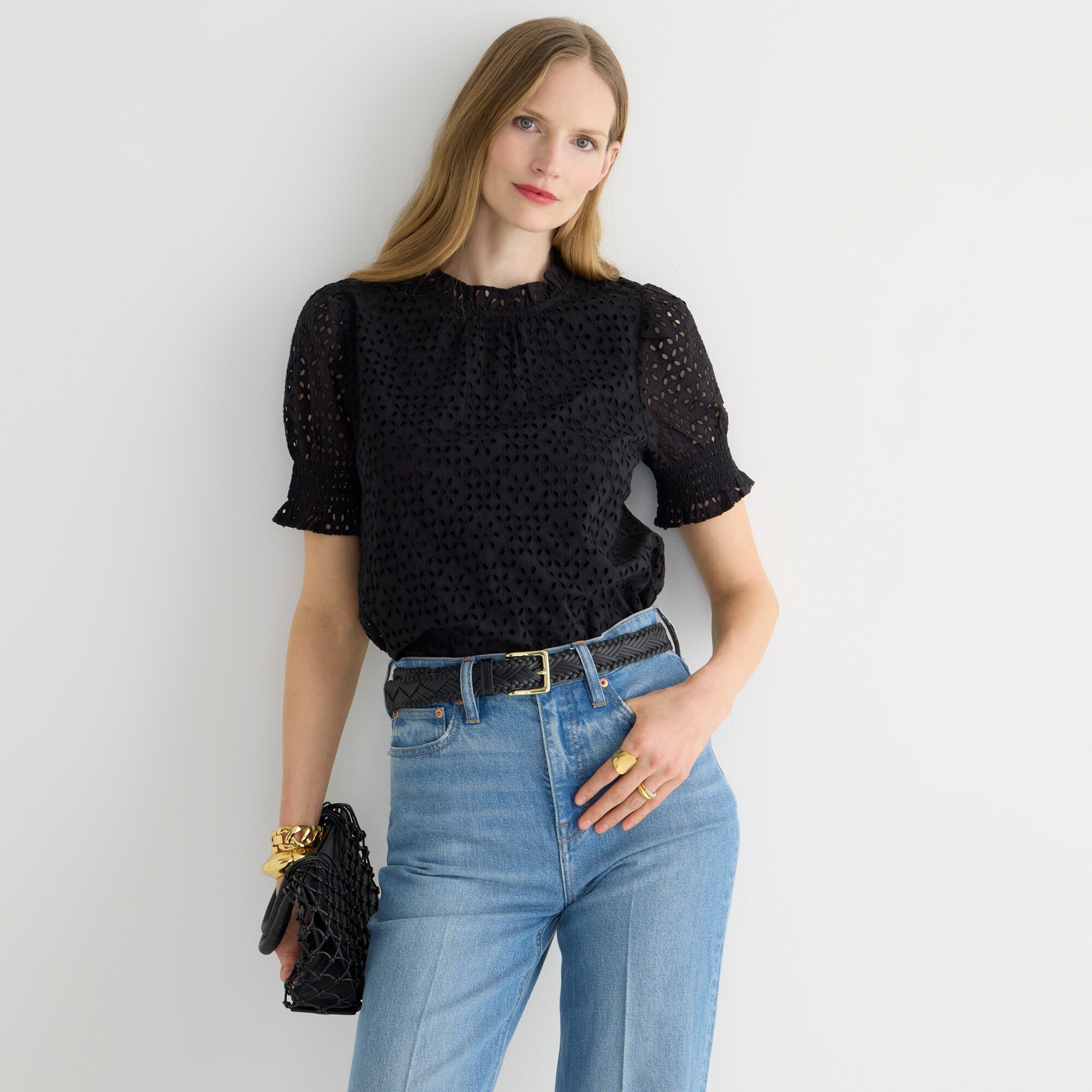 womens Smocked puff-sleeve top in eyelet