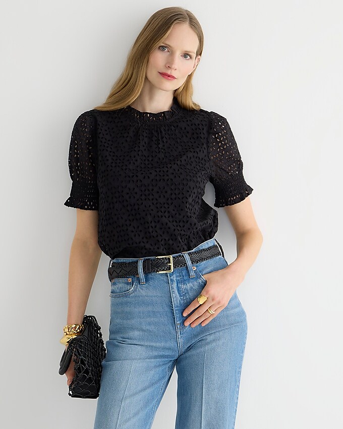 j.crew: smocked puff-sleeve top in eyelet for women, right side, view zoomed