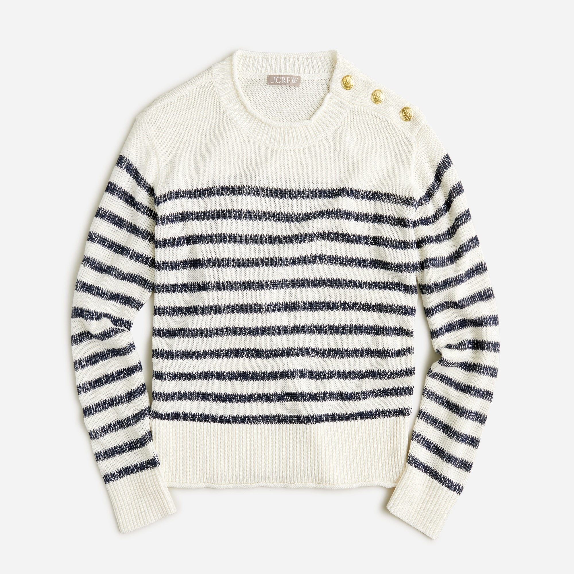Relaxed linen-blend beach sweater with shoulder buttons in stripe