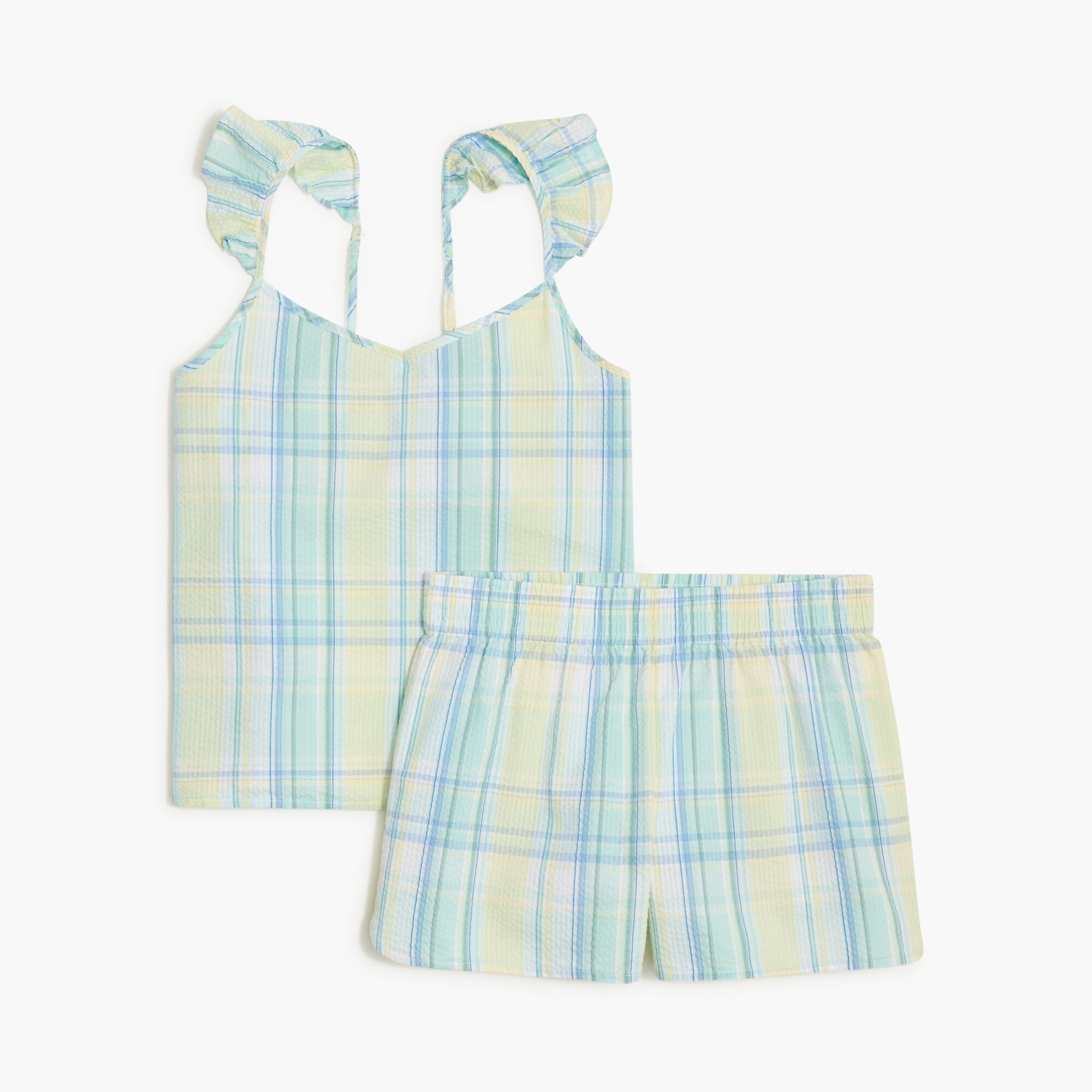 Seersucker ruffle-strap tank and short pajama set