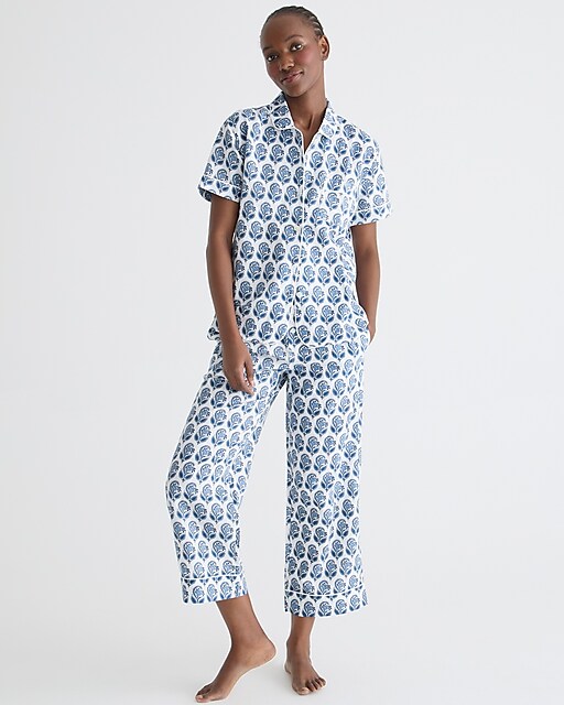 womens Short-sleeve cotton-linen blend pajama set in bouquet block print