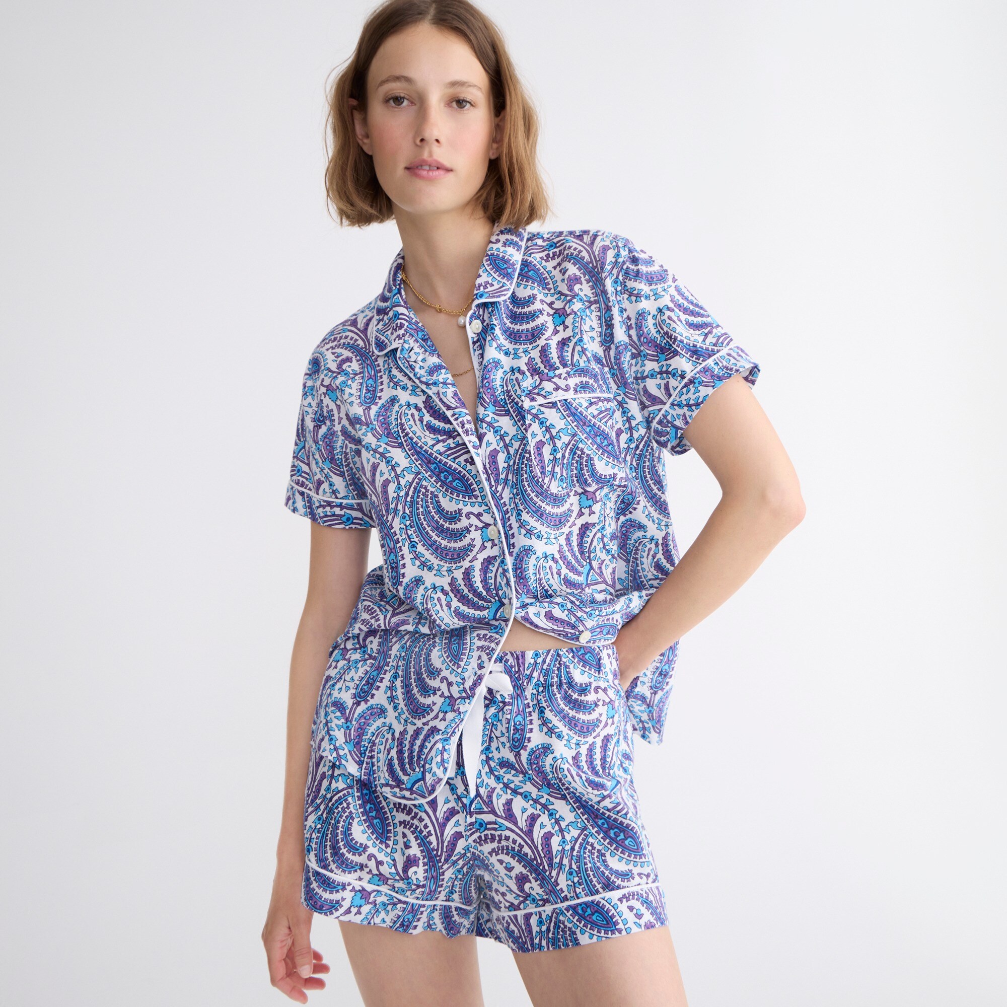 womens Short-sleeve cotton-linen blend pajama short set in purple paisley