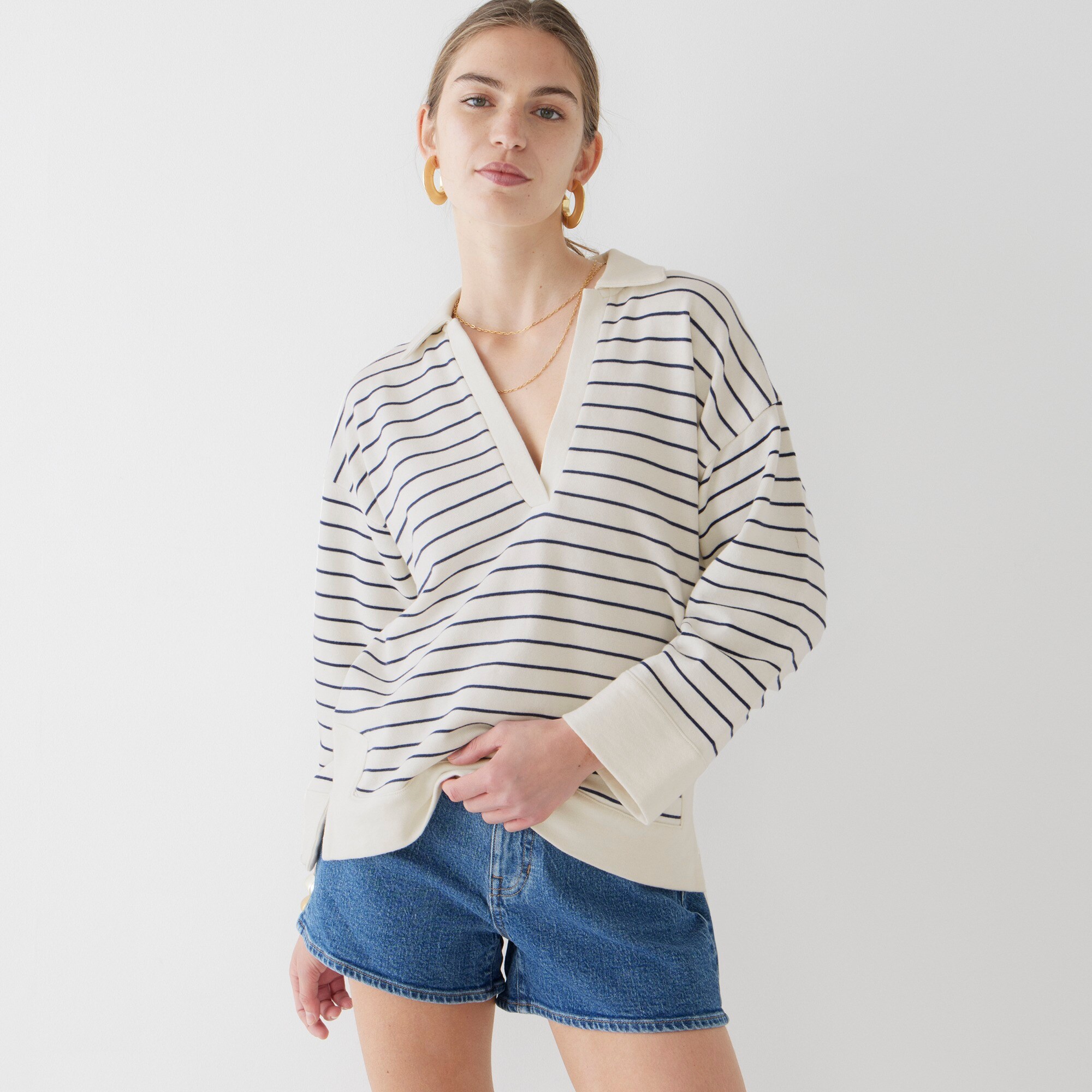 womens University terry V-neck polo shirt in stripe