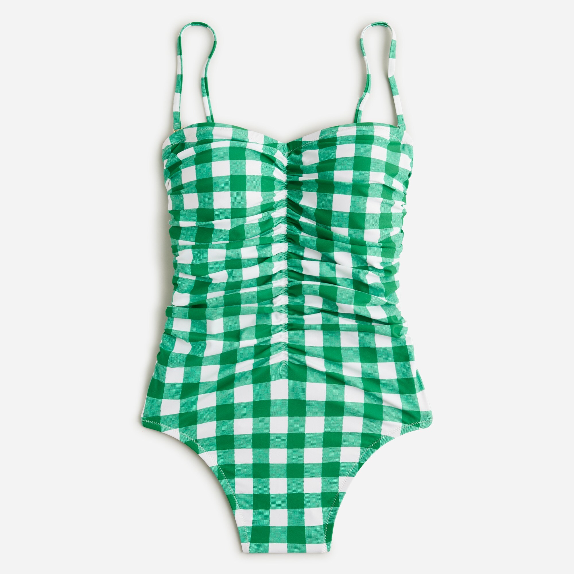  Ruched sweetheart one-piece swimsuit in green gingham