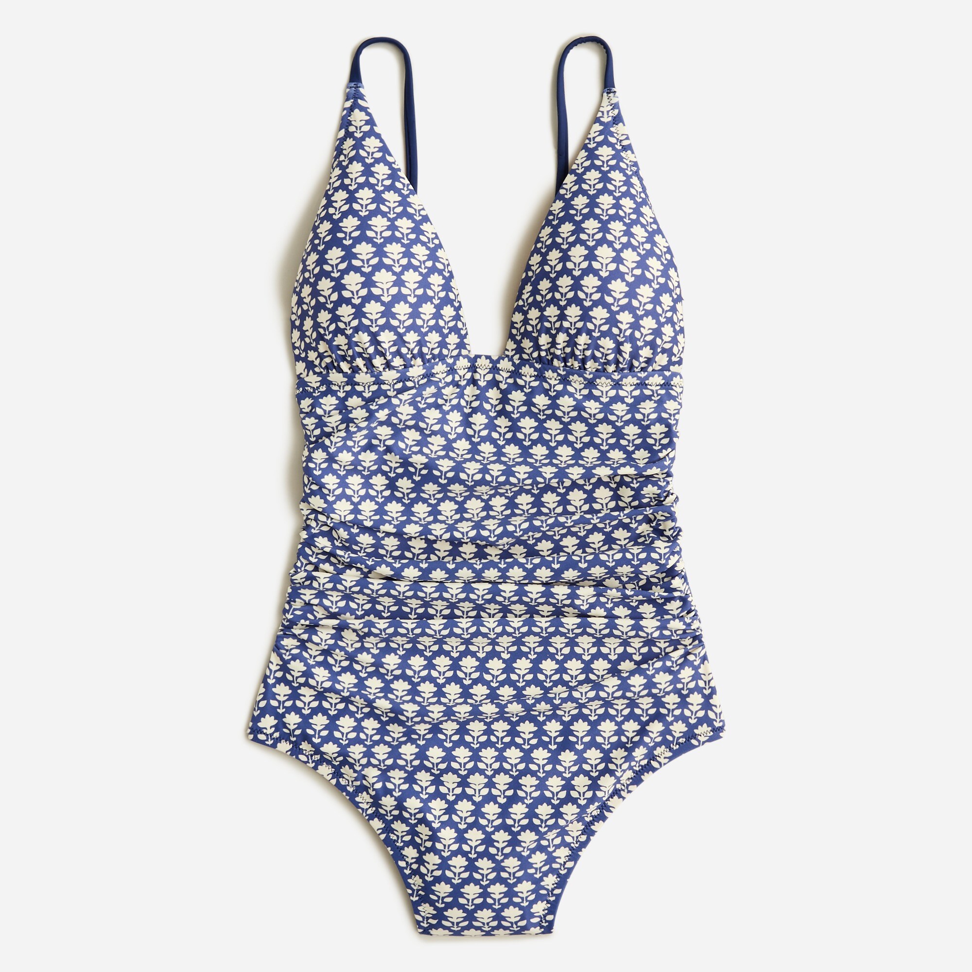  Ruched plunge one-piece swimsuit in blue stamp floral