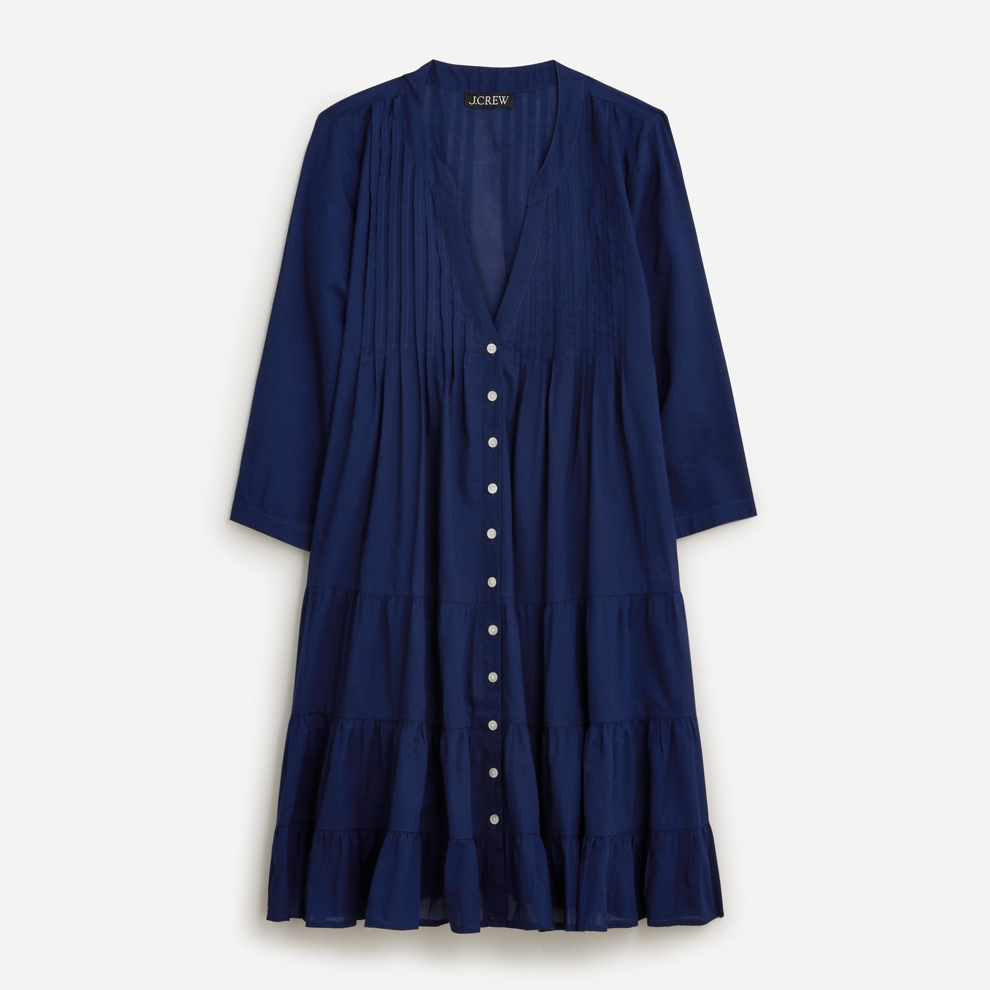Button-front tiered cover-up dress in cotton voile