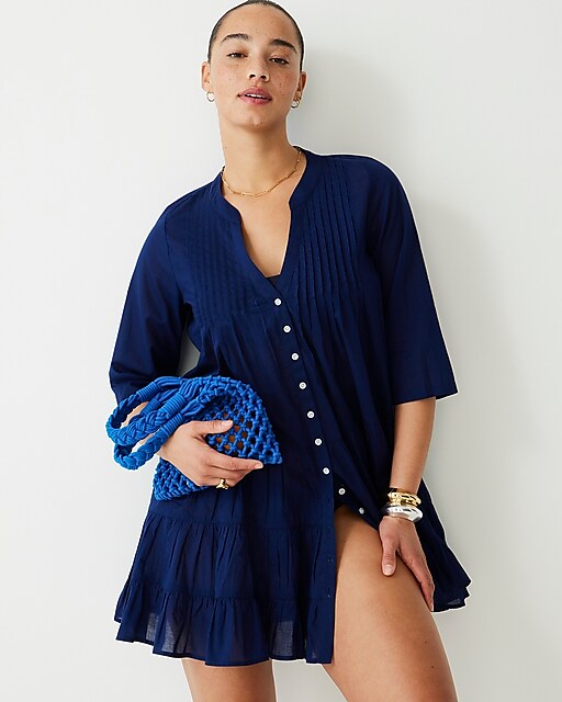  Button-front tiered cover-up dress in cotton voile
