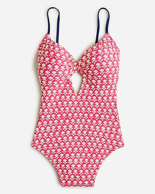  Twist-front keyhole one-piece swimsuit in pink stamp floral