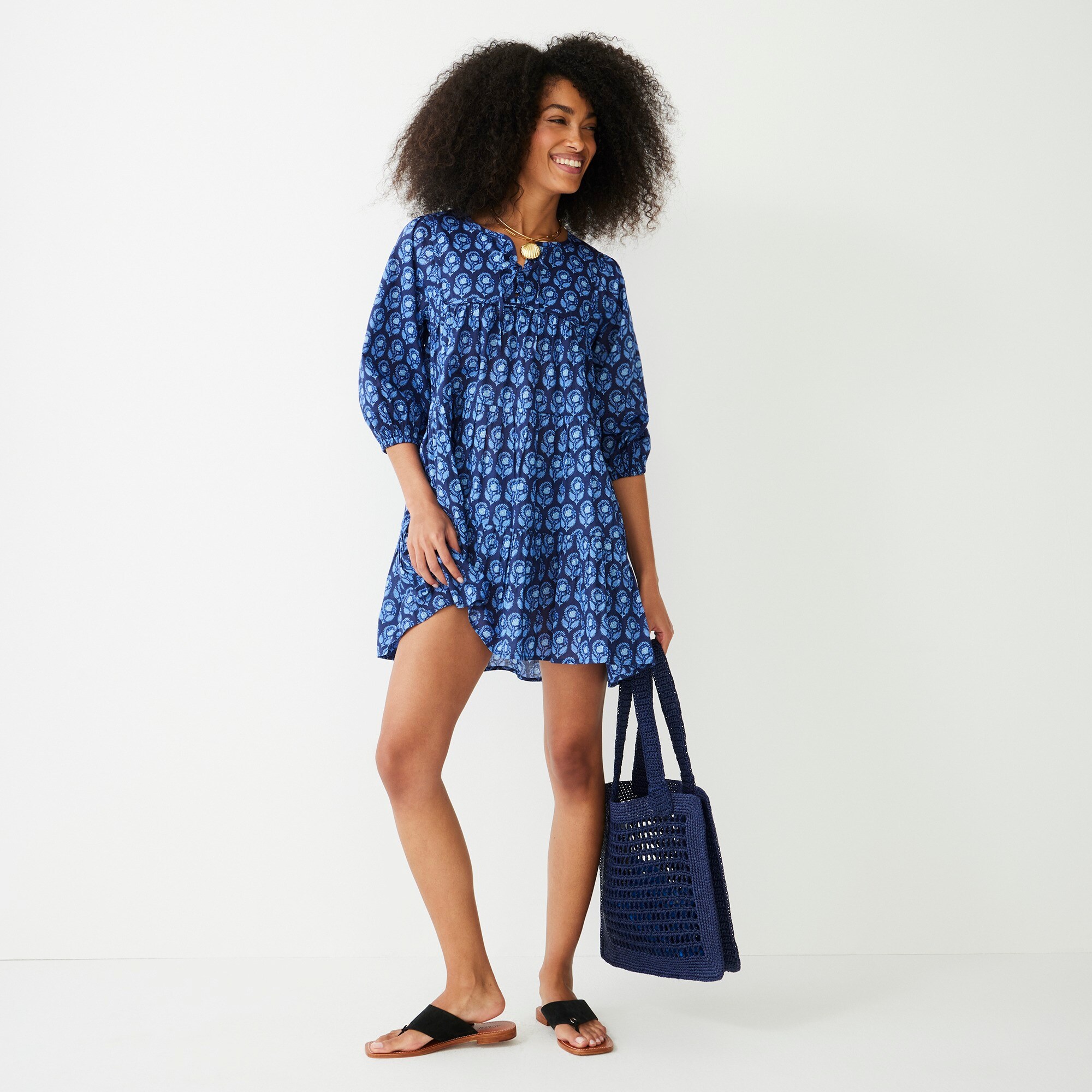 womens Cotton voile cover-up mini dress in navy bouquet block print