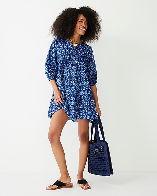 womens Cotton voile cover-up mini dress in navy bouquet block print