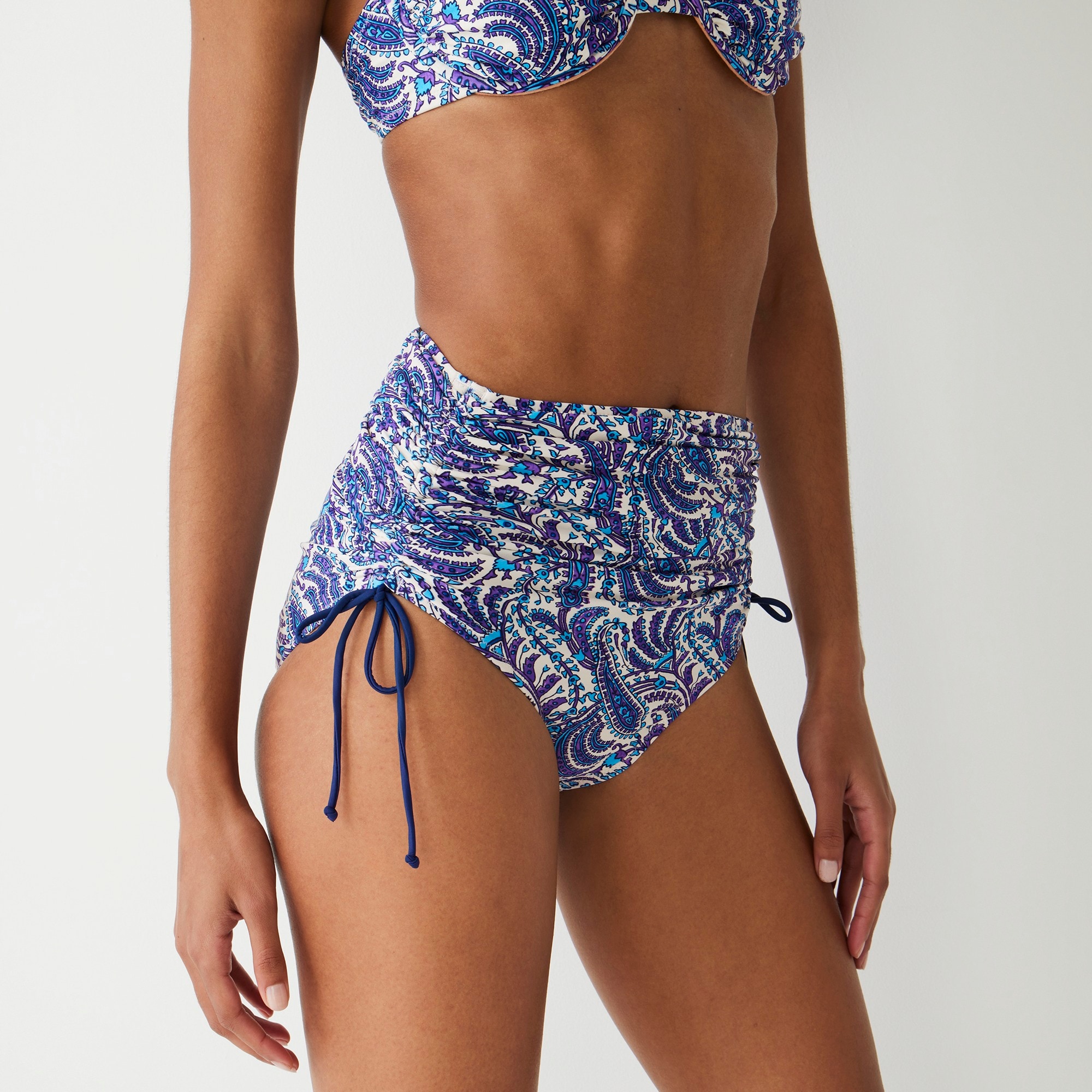 j.crew: ruched high-rise bikini bottom with adjustable side ties in purple paisley for women