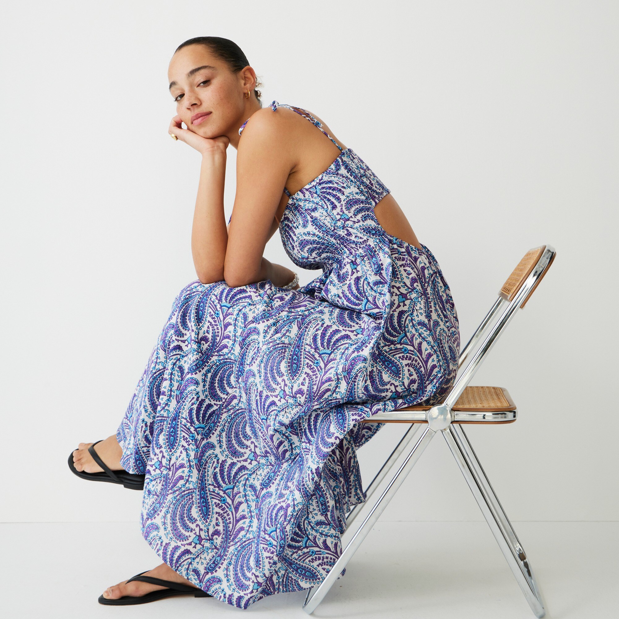 womens Smocked linen-blend bandeau beach dress in purple paisley