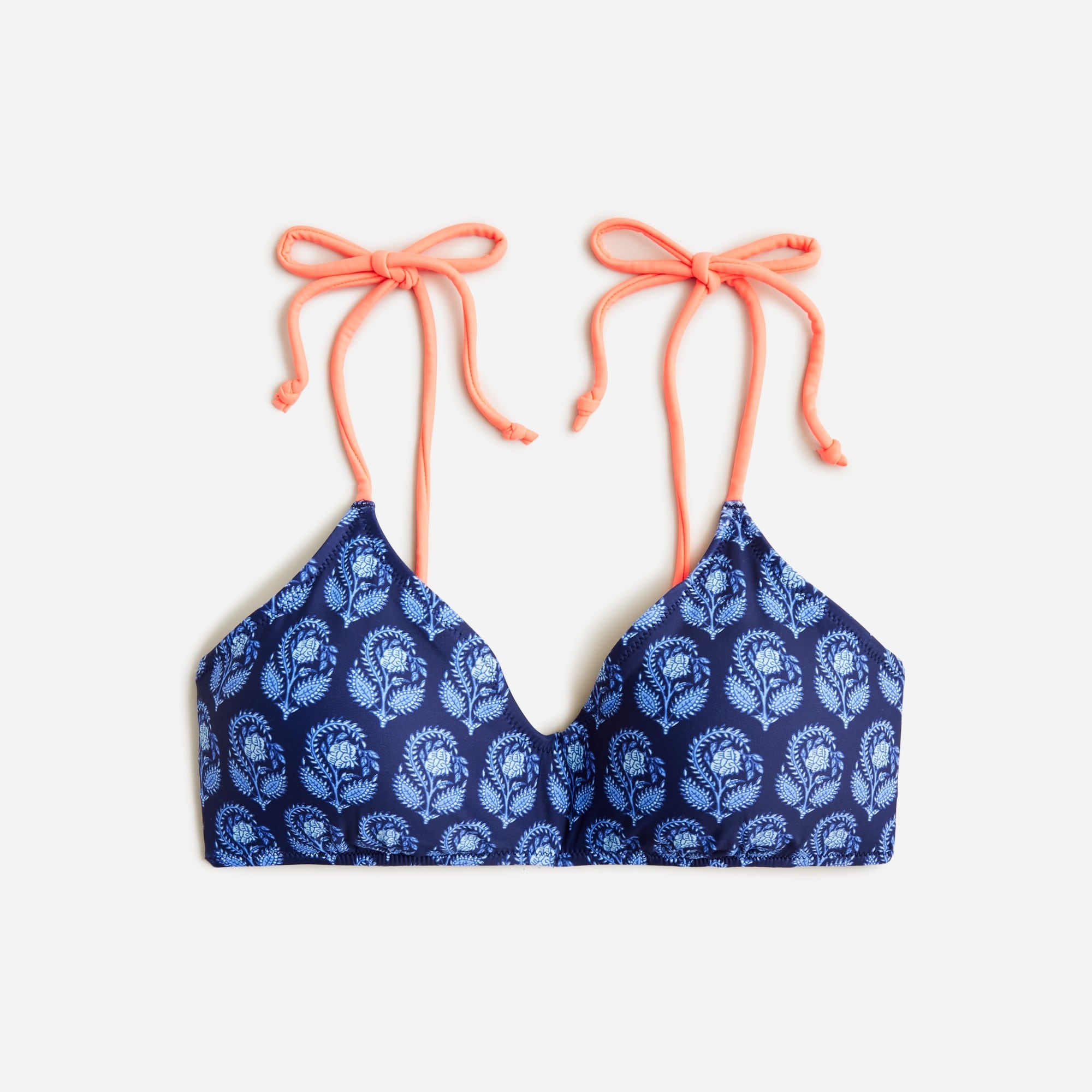 Tie-shoulder french bikini top in navy bouquet block print