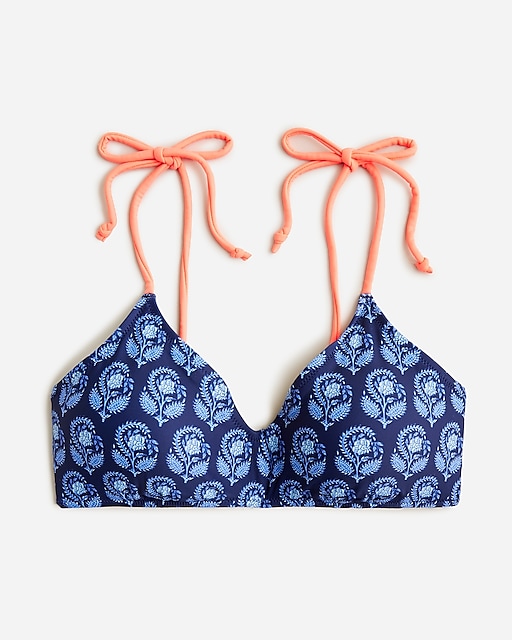  Tie-shoulder french bikini top in navy bouquet block print