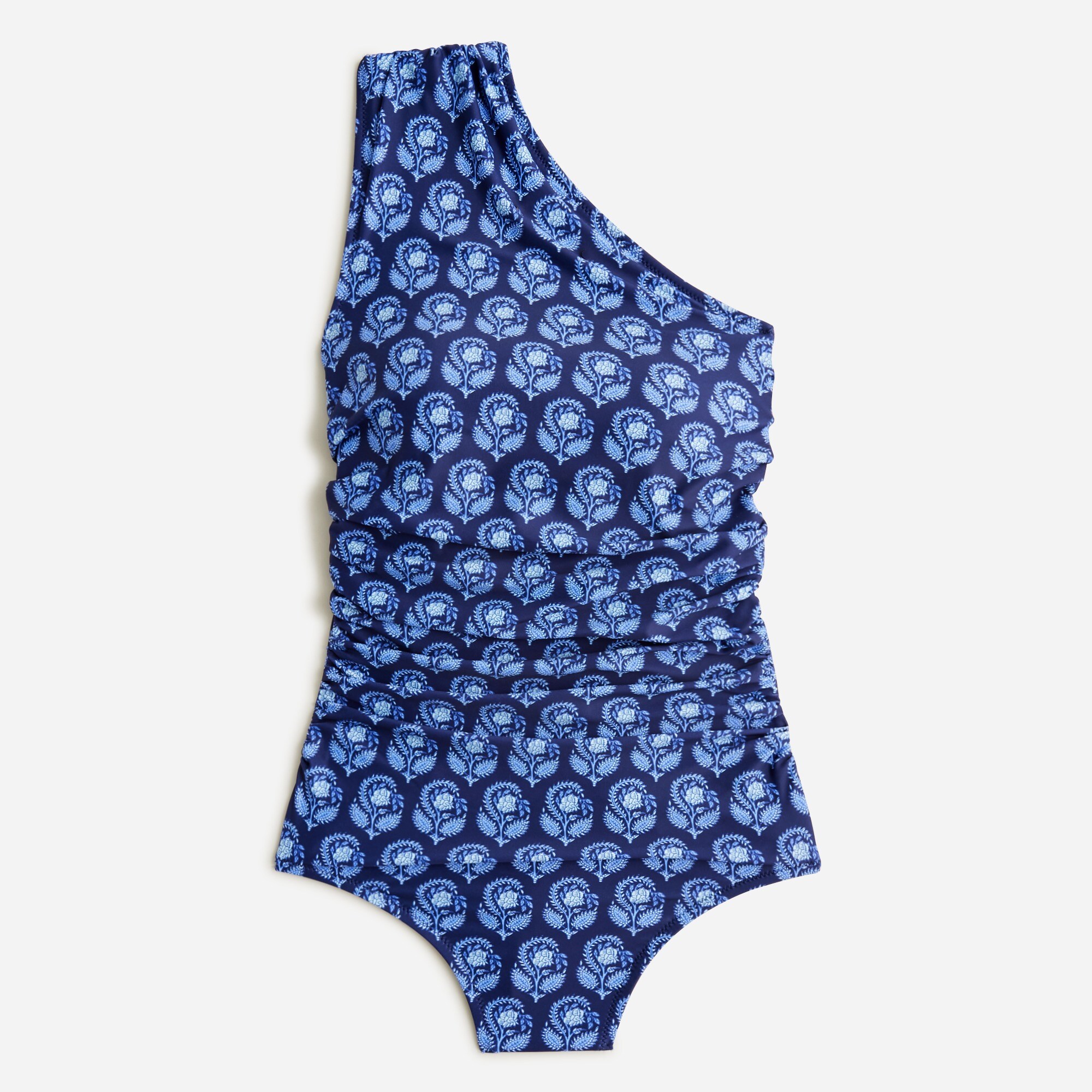  Long-torso ruched one-shoulder one-piece swimsuit in navy bouquet block print