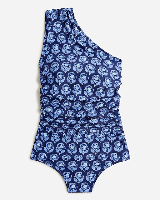  Ruched one-shoulder one-piece swimsuit in navy bouquet block print