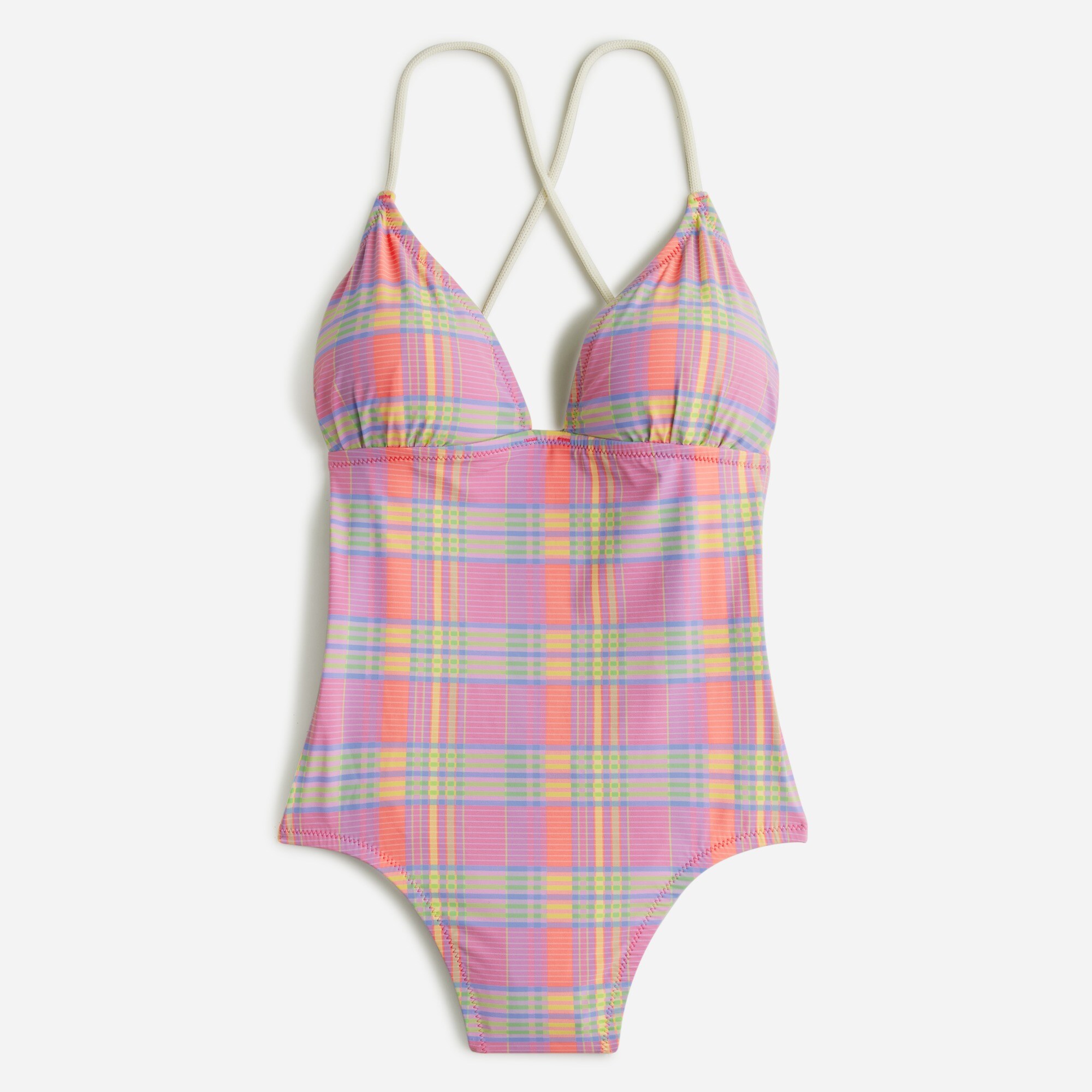  Strappy cross-back one-piece swimsuit in sunset plaid
