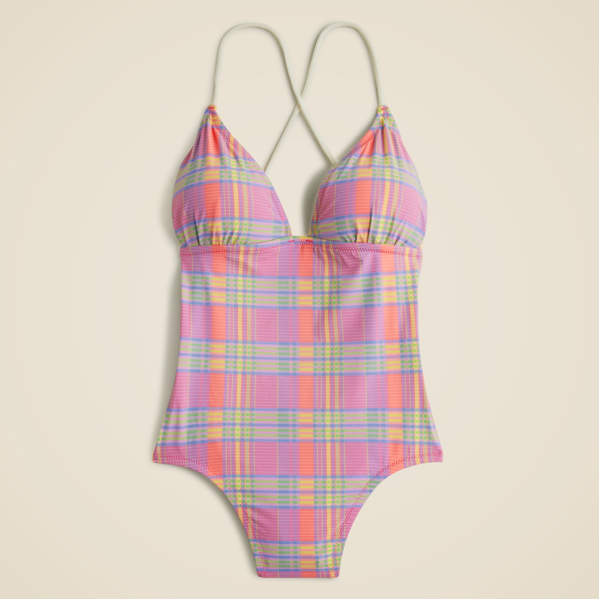 Strappy cross-back one-piece swimsuit in sunset plaid